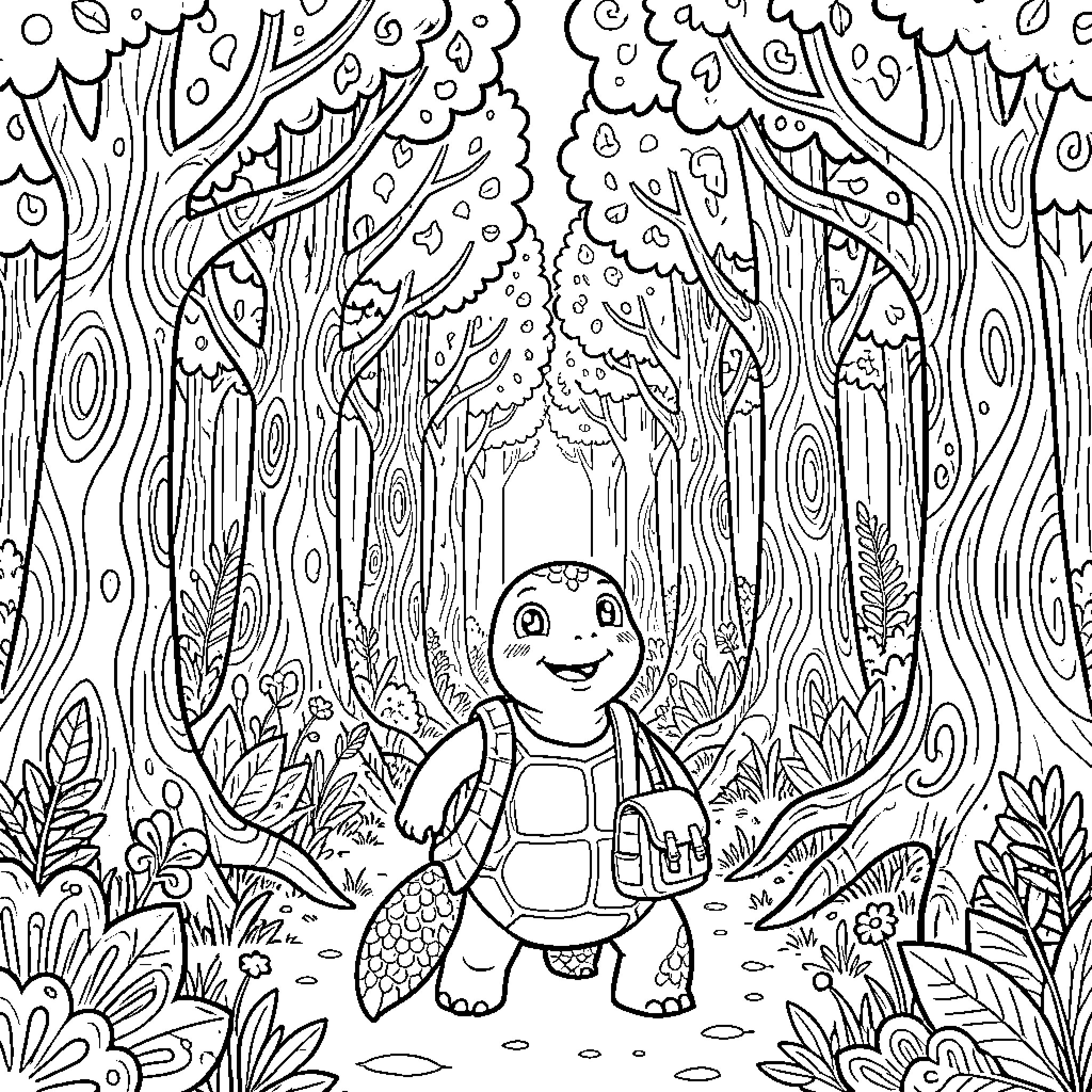 Tortuga's Whimsical Forest Adventure Coloring Page (free black-and-white line drawing printable PDF for all, from beginners to advanced learners, including children, teens, adults, and seniors)