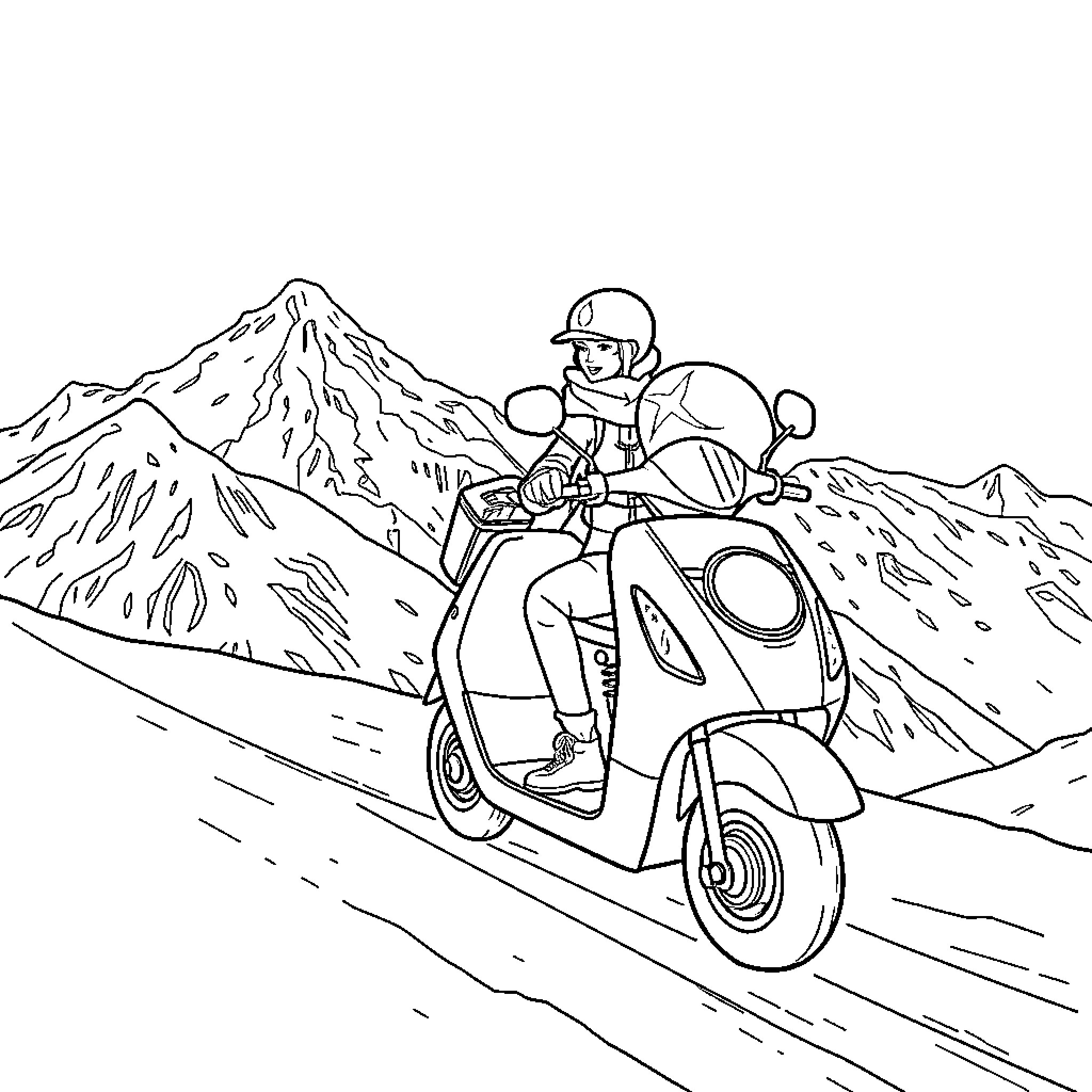 Foodie adventurer on a scooter through the mountains Coloring Page (free black-and-white line drawing printable PDF for all, from beginners to advanced learners, including children, teens, adults, and seniors)