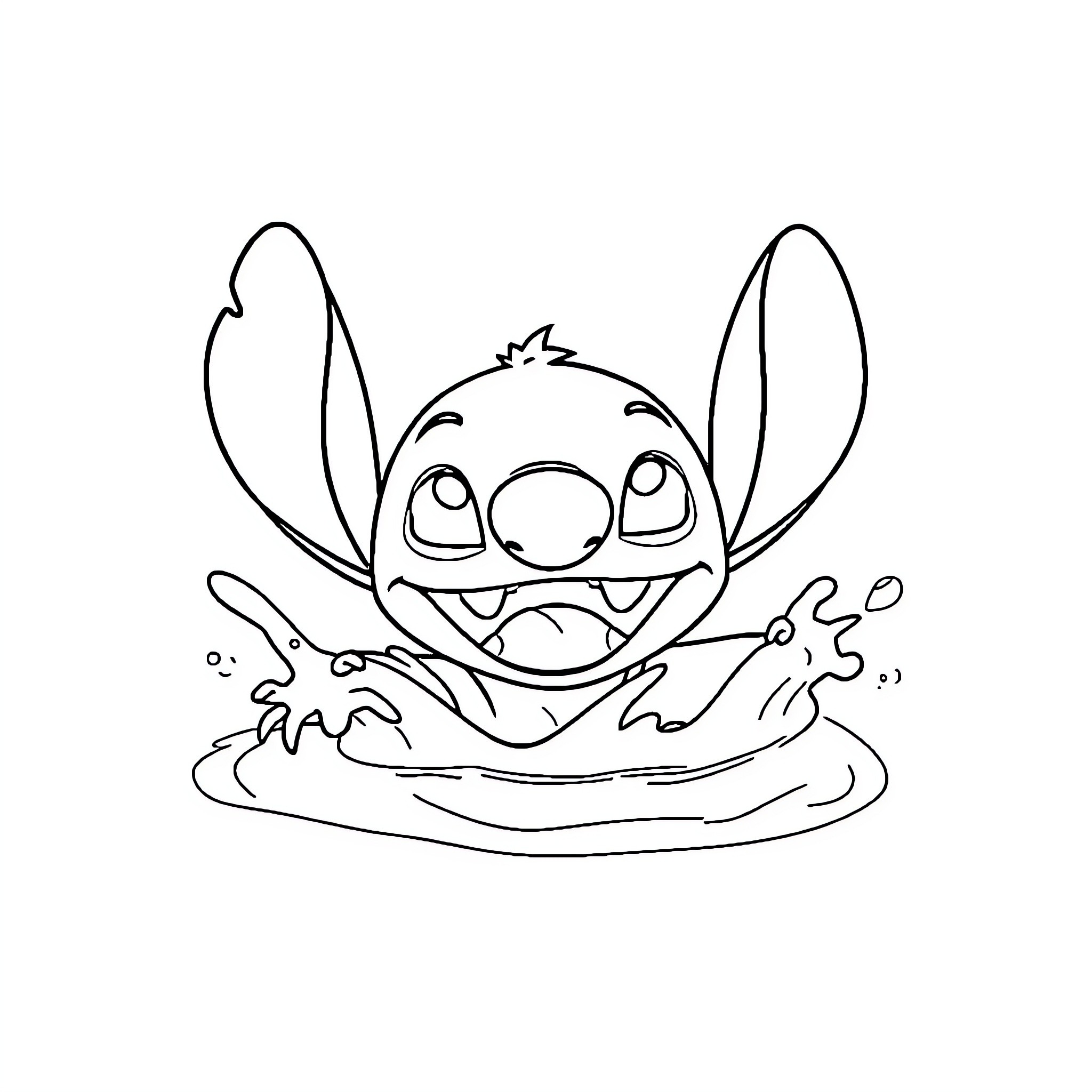 Stitch playing cheerfully in the water Coloring Page (free black-and-white line drawing printable PDF for all, from beginners to advanced learners, including children, teens, adults, and seniors)