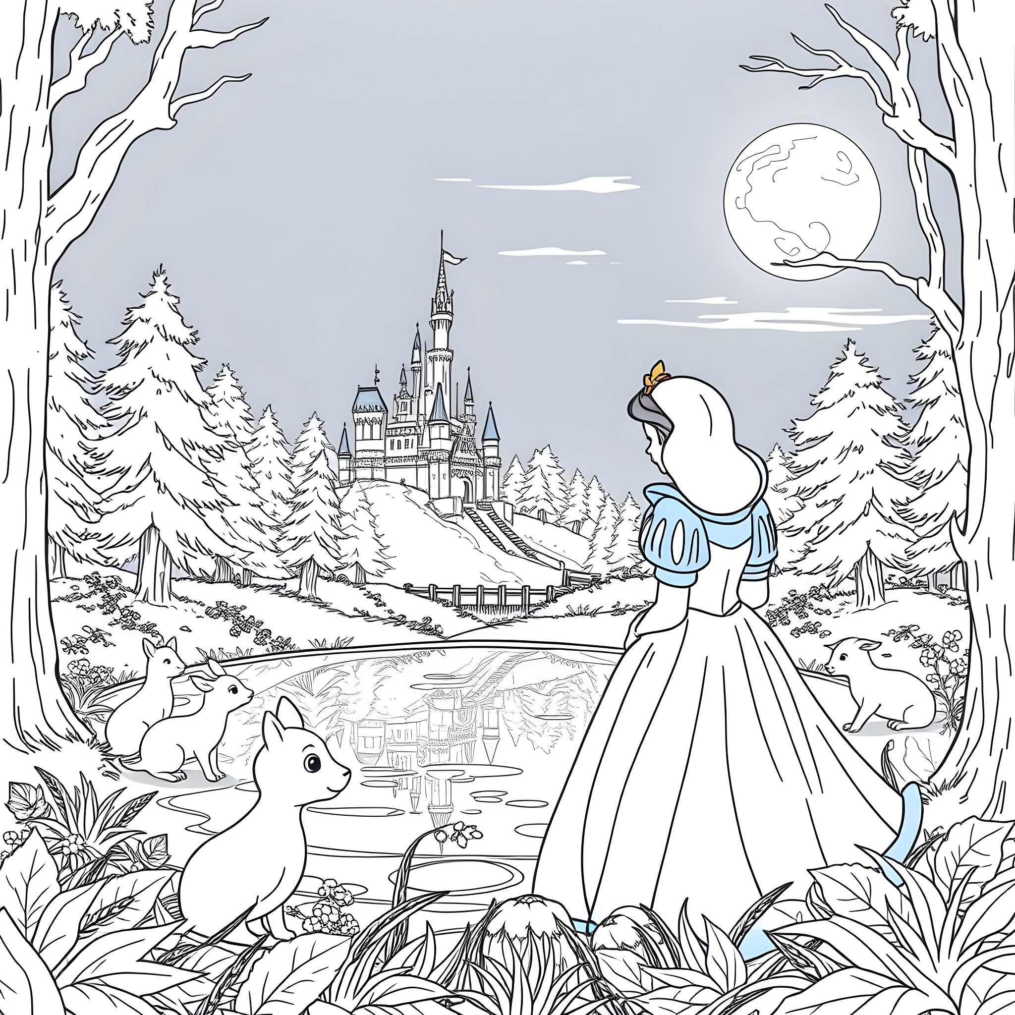 Snow White admiring the winter palace and woodland creatures Coloring Page (free black-and-white line drawing printable PDF for all, from beginners to advanced learners, including children, teens, adults, and seniors)