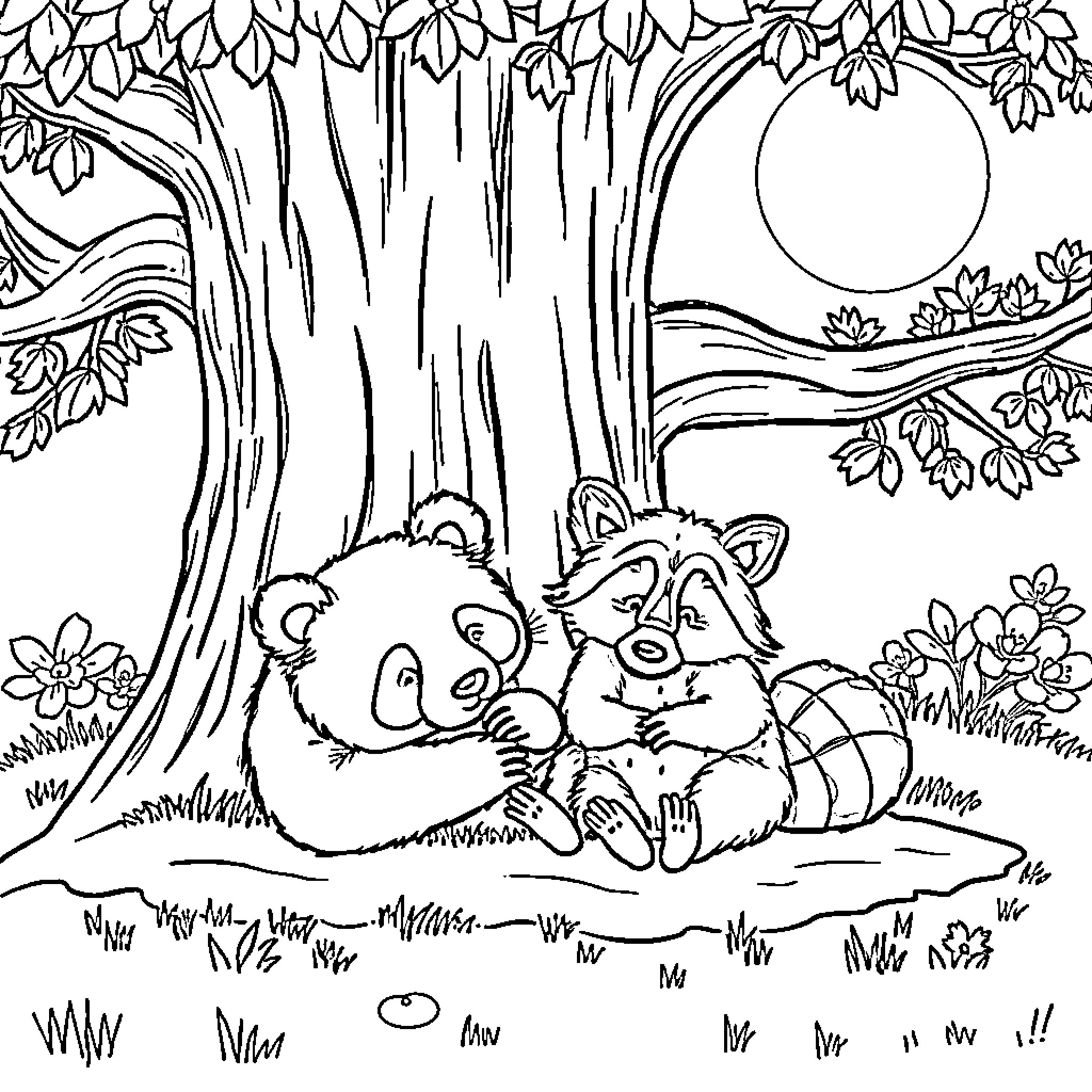 Panda bears resting in a peaceful forest Coloring Page (free black-and-white line drawing printable PDF for all, from beginners to advanced learners, including children, teens, adults, and seniors)