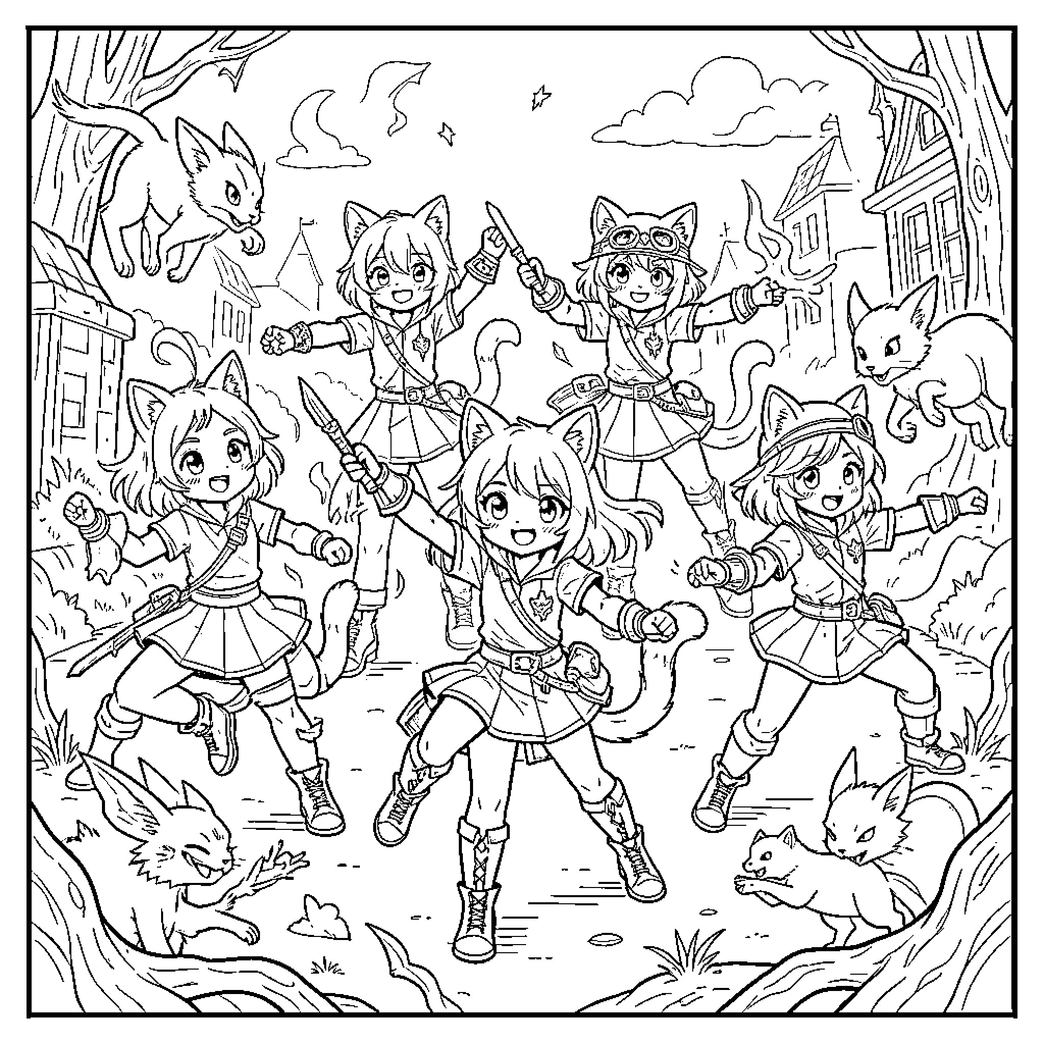 Kpop idol group performing with cat features and fantasy outfits Coloring Page (free black-and-white line drawing printable PDF for all, from beginners to advanced learners, including children, teens, adults, and seniors)