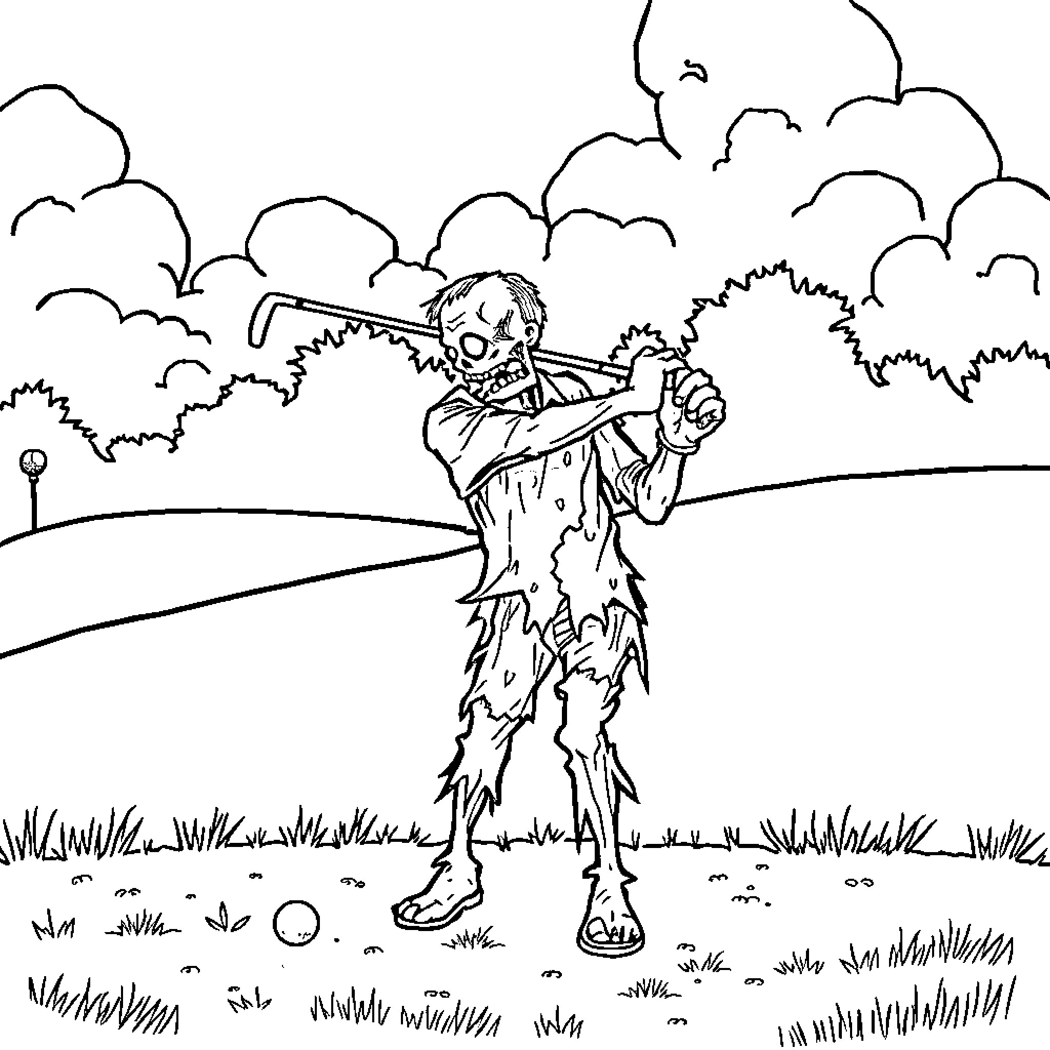Zombie golfer in a gloomy landscape Coloring Page (free black-and-white line drawing printable PDF for all, from beginners to advanced learners, including children, teens, adults, and seniors)