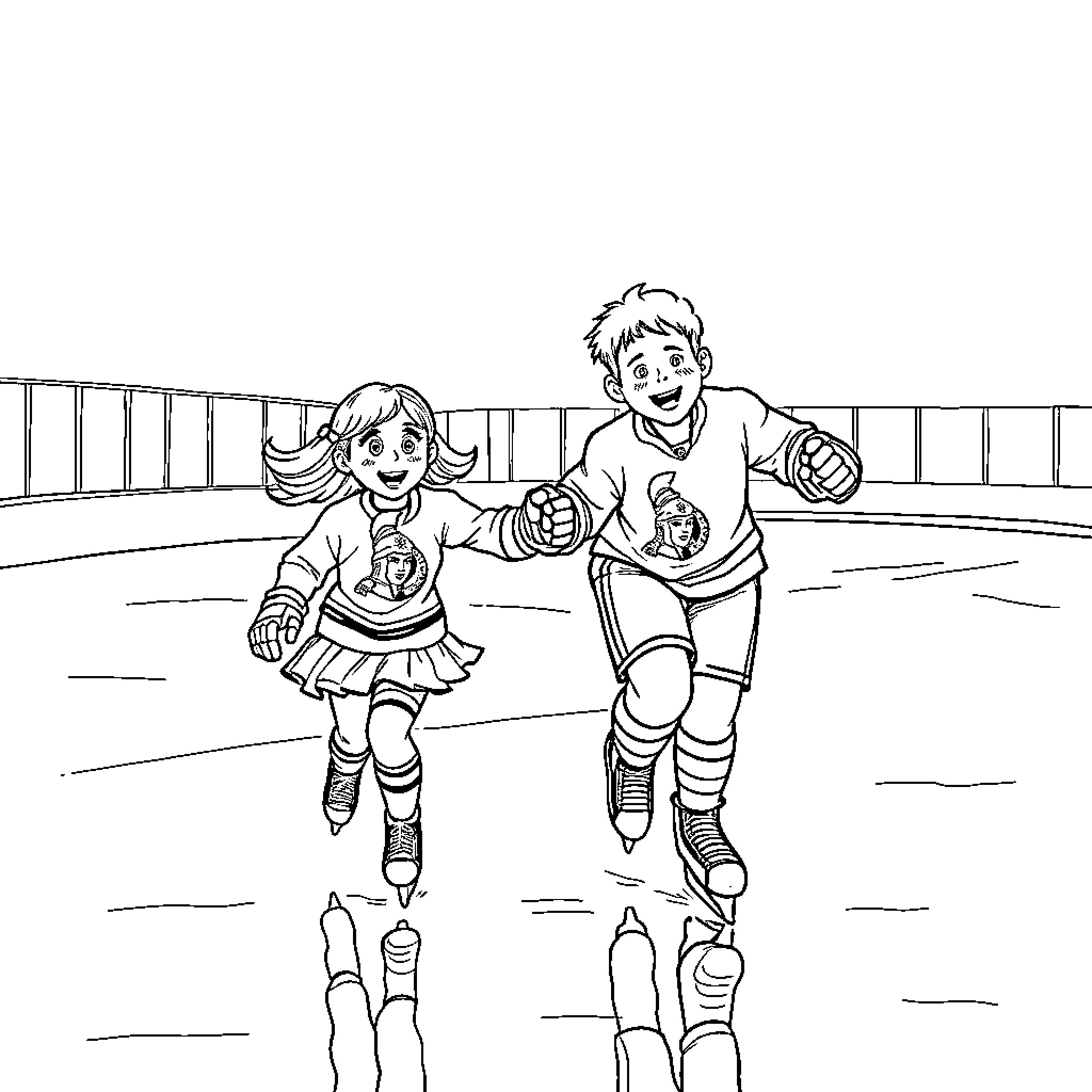 Girl and Boy Roller Skating on Rink Coloring Page (free black-and-white line drawing printable PDF for all, from beginners to advanced learners, including children, teens, adults, and seniors)