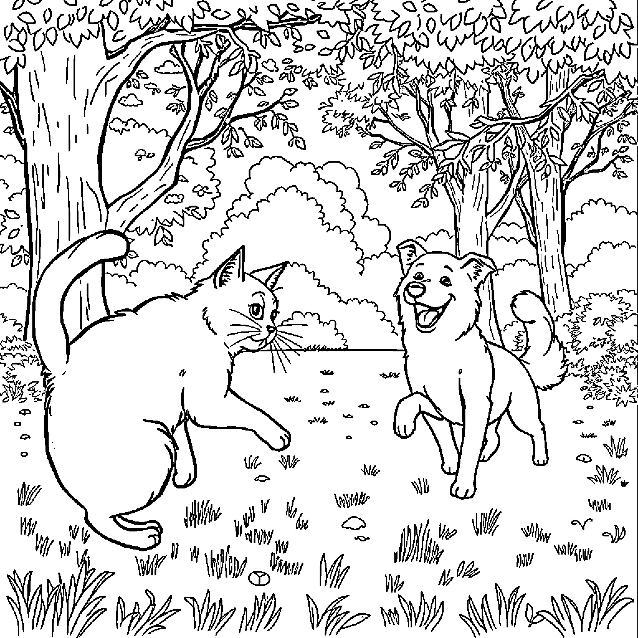 Cat and dog frolicking in the forest Coloring Page (free black-and-white line drawing printable PDF for all, from beginners to advanced learners, including children, teens, adults, and seniors)