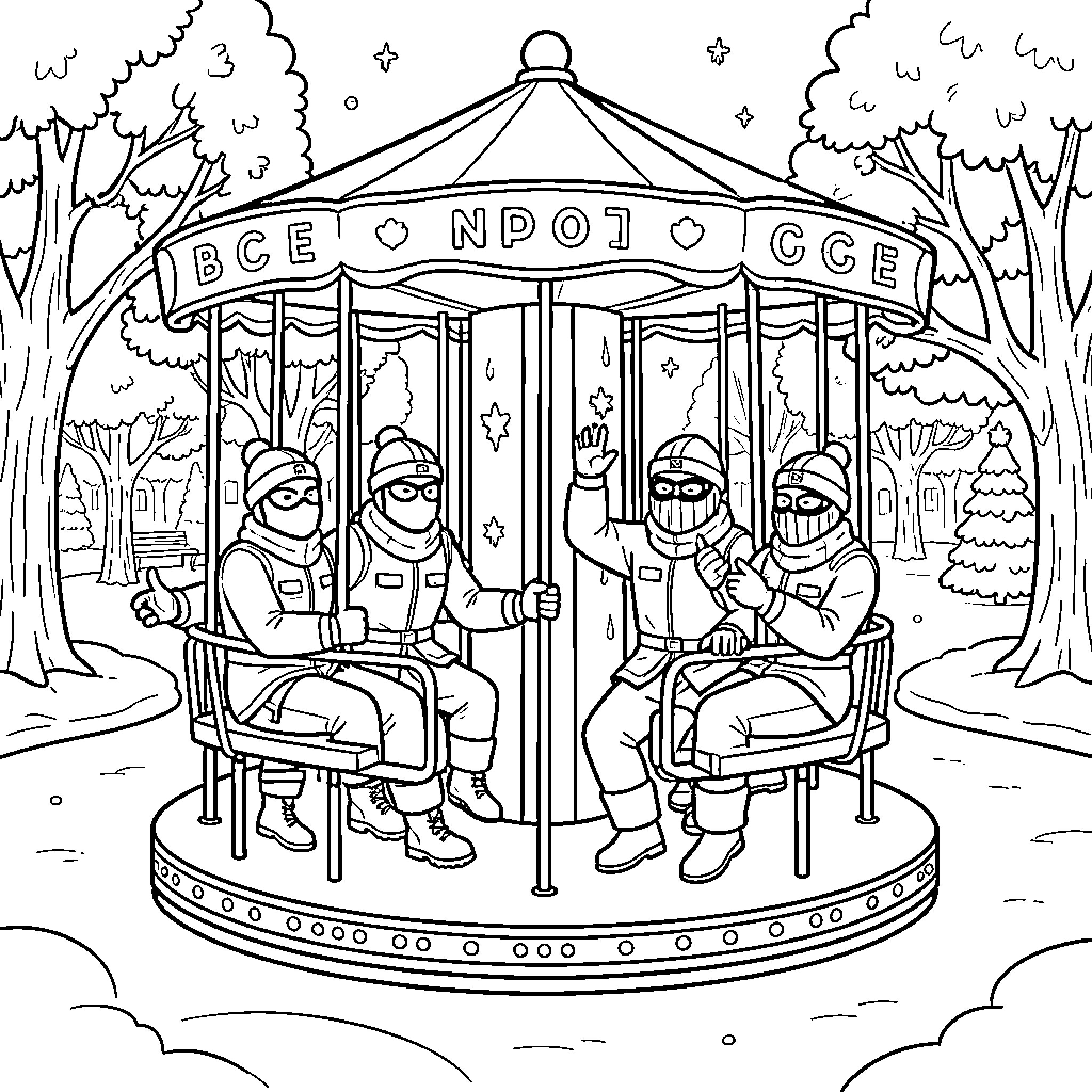 Agent figures riding a carousel in a park Coloring Page (free black-and-white line drawing printable PDF for all, from beginners to advanced learners, including children, teens, adults, and seniors)