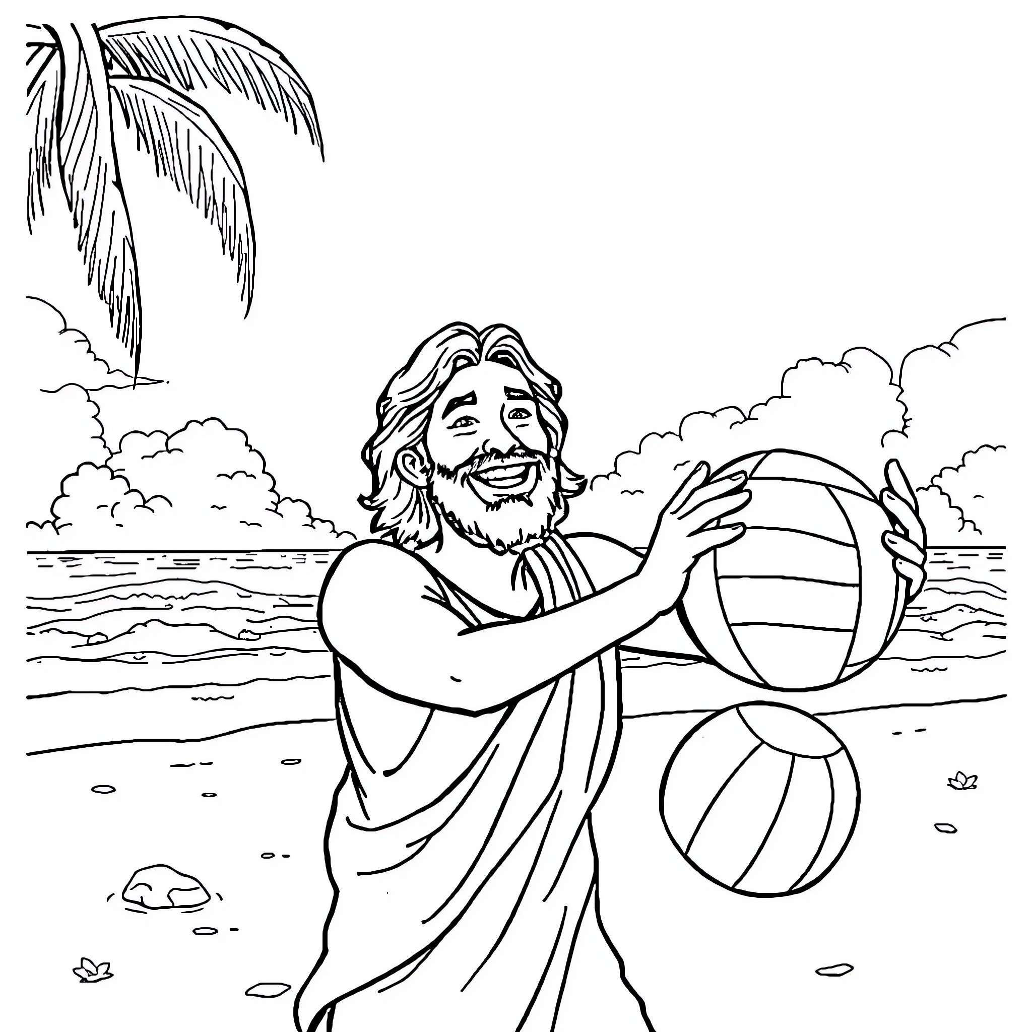 Jesus playing joyfully with beach balls and palms Coloring Page (free black-and-white line drawing printable PDF for all, from beginners to advanced learners, including children, teens, adults, and seniors)