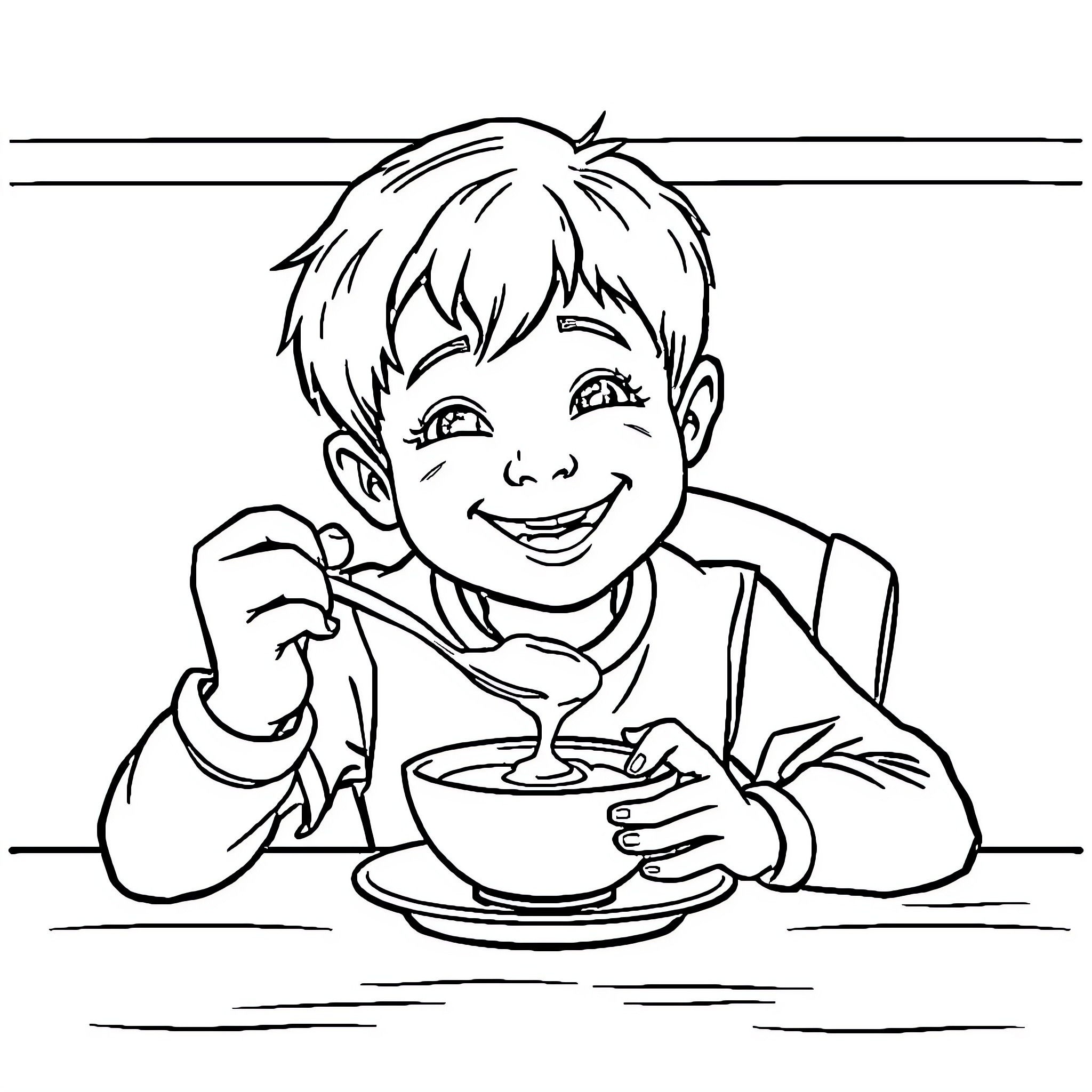 Boy enjoying a delightful snack Coloring Page (free black-and-white line drawing printable PDF for all, from beginners to advanced learners, including children, teens, adults, and seniors)