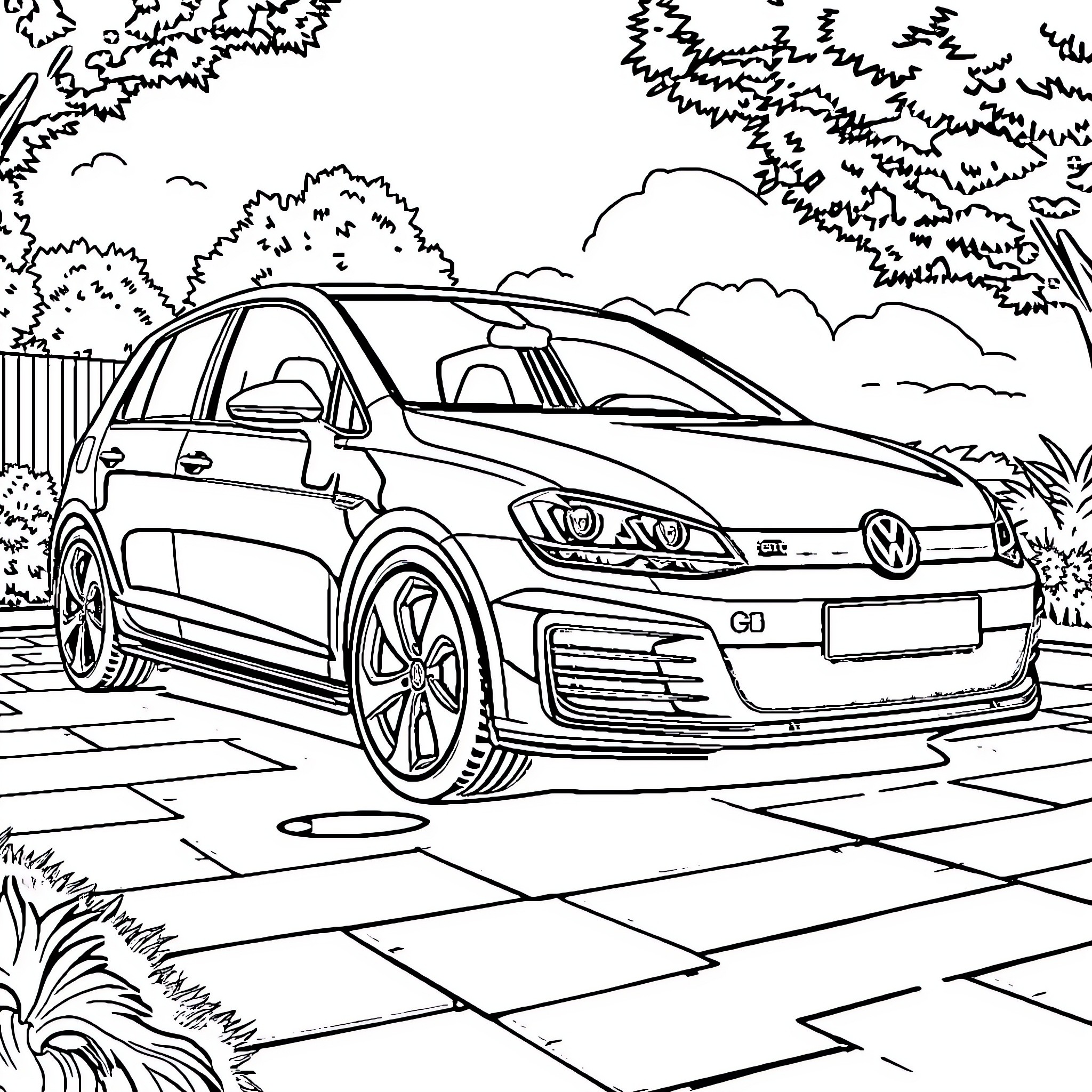 Volkswagen car in a natural outdoor setting Coloring Page (free black-and-white line drawing printable PDF for all, from beginners to advanced learners, including children, teens, adults, and seniors)