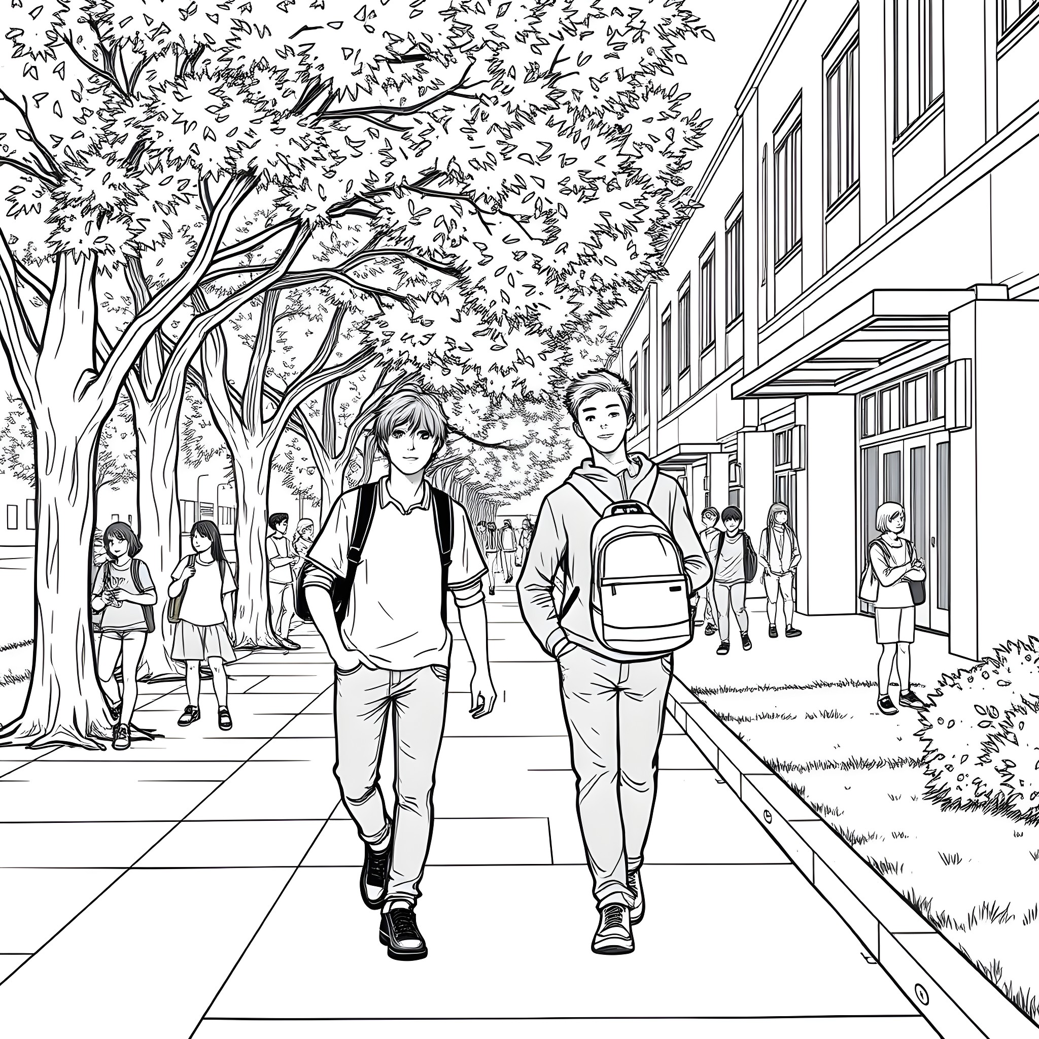 Teen Guys Walking Together on Campus Coloring Page (free black-and-white line drawing printable PDF for all, from beginners to advanced learners, including children, teens, adults, and seniors)