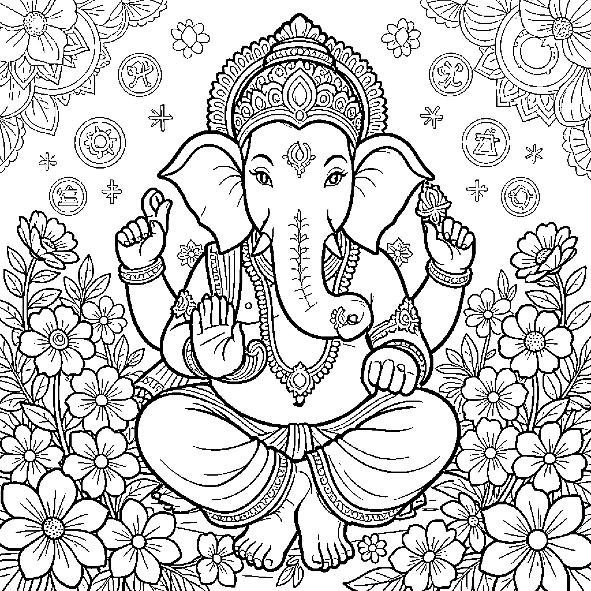 Ganesha sitting in lotus position surrounded by floral designs Coloring Page (free black-and-white line drawing printable PDF for all, from beginners to advanced learners, including children, teens, adults, and seniors)