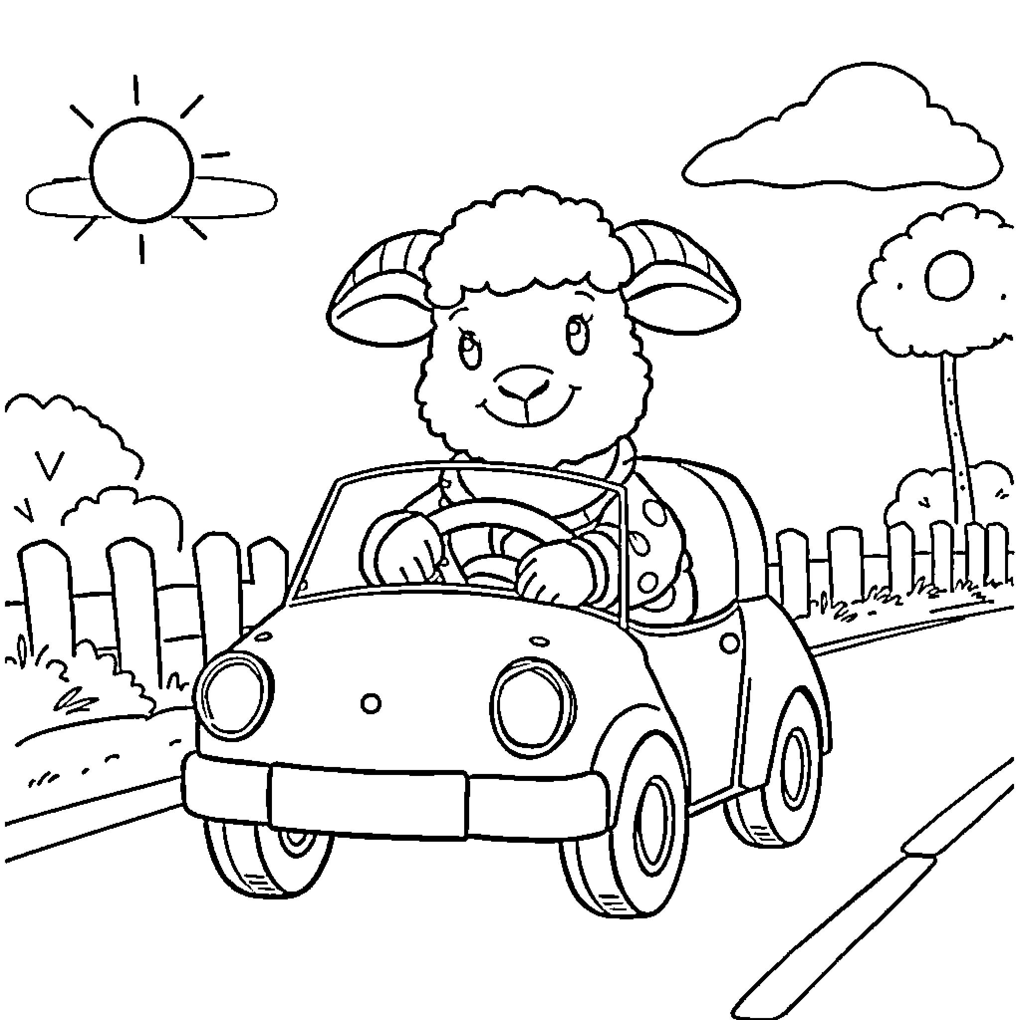 Sheep driving happily in a car on the road Coloring Page (free black-and-white line drawing printable PDF for all, from beginners to advanced learners, including children, teens, adults, and seniors)