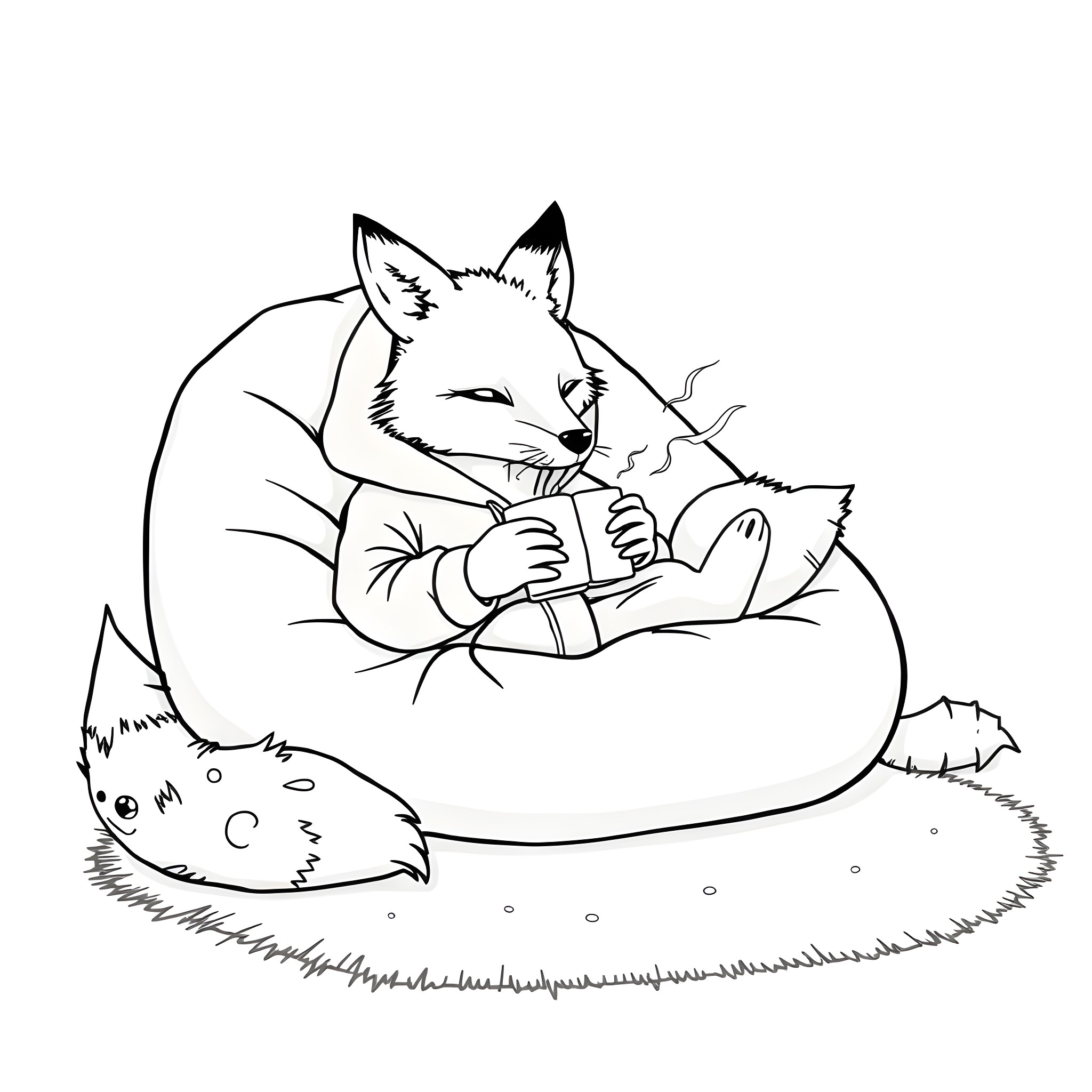 Fox relaxing in cozy nest Coloring Page (free black-and-white line drawing printable PDF for all, from beginners to advanced learners, including children, teens, adults, and seniors)