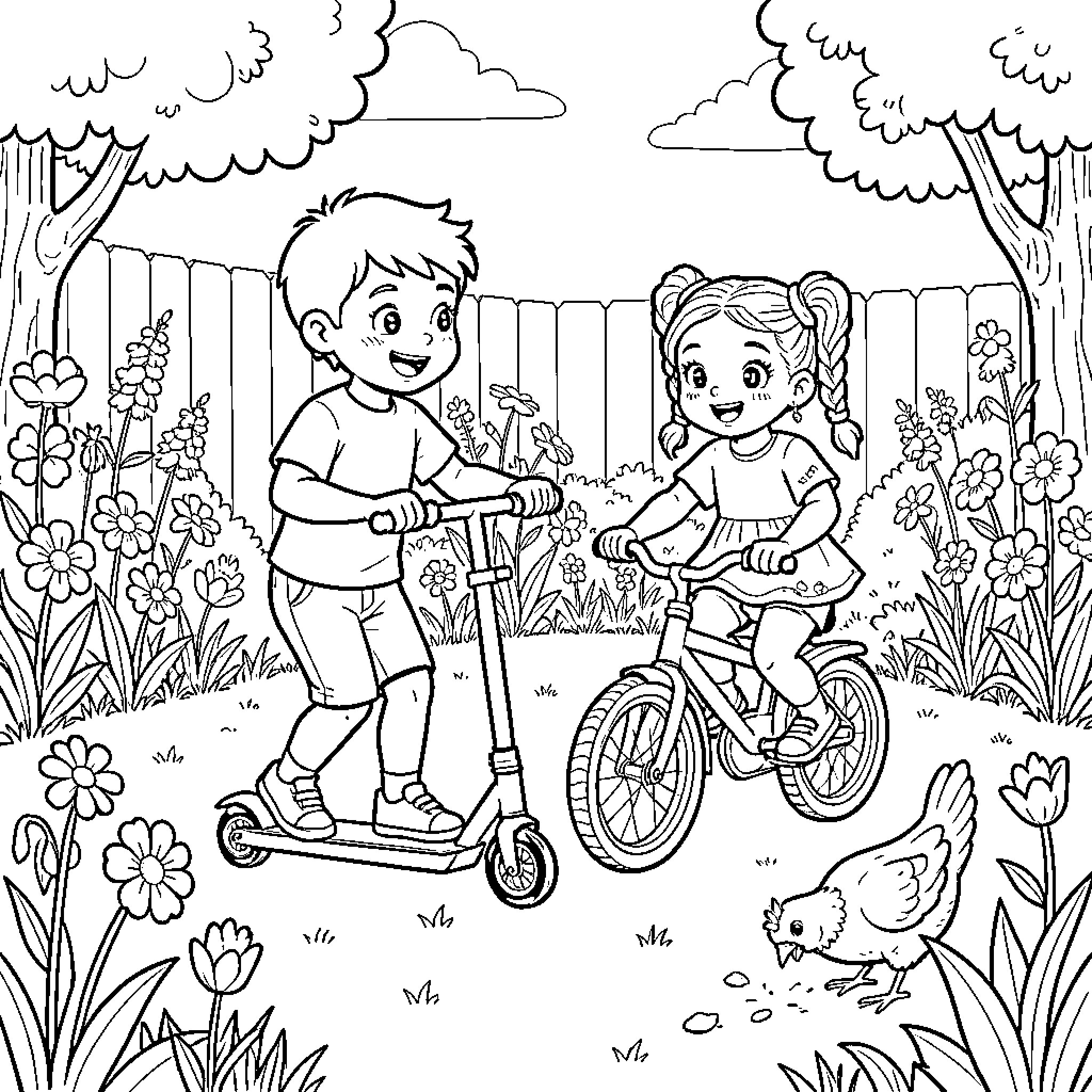 Enfant riding a scooter and a bicycle in a garden Coloring Page (free black-and-white line drawing printable PDF for all, from beginners to advanced learners, including children, teens, adults, and seniors)