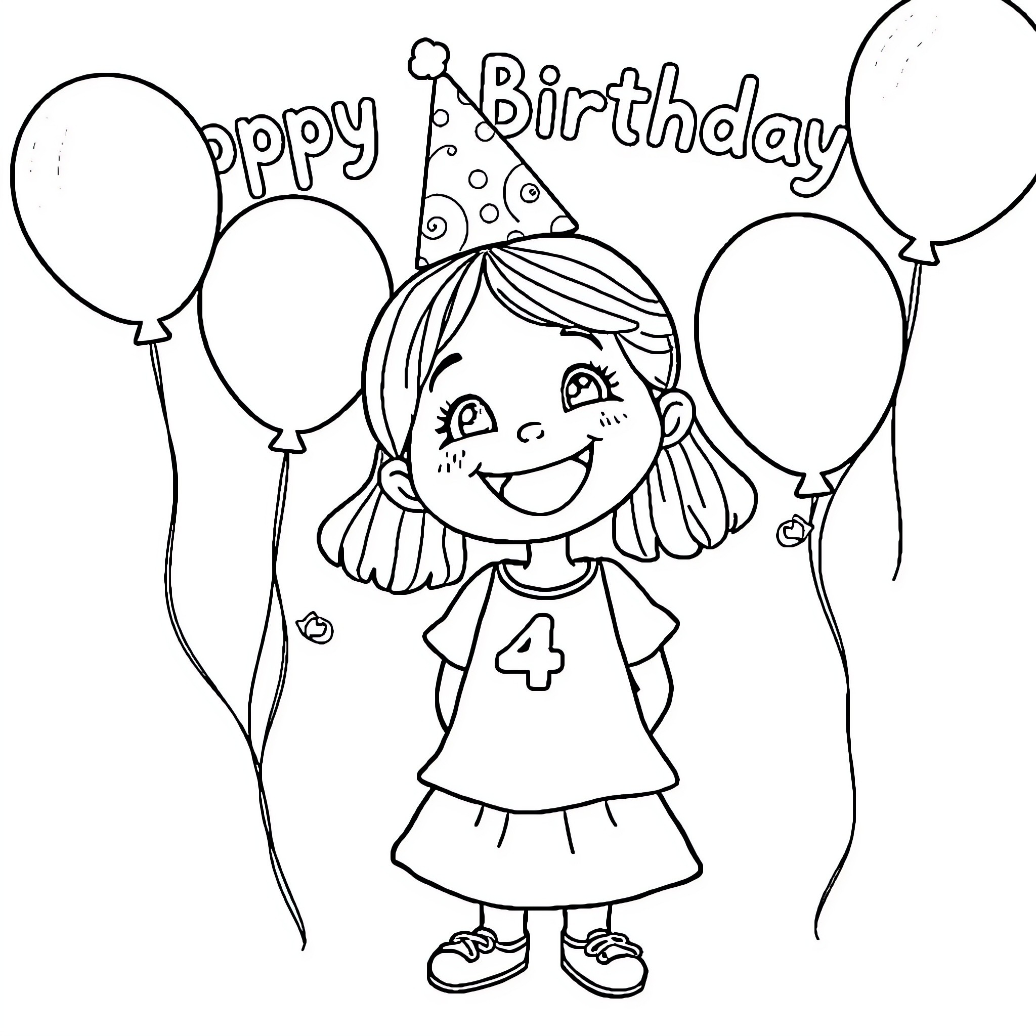 Birthday Girl Celebrating with Balloons and Party Hat Coloring Page (free black-and-white line drawing printable PDF for all, from beginners to advanced learners, including children, teens, adults, and seniors)