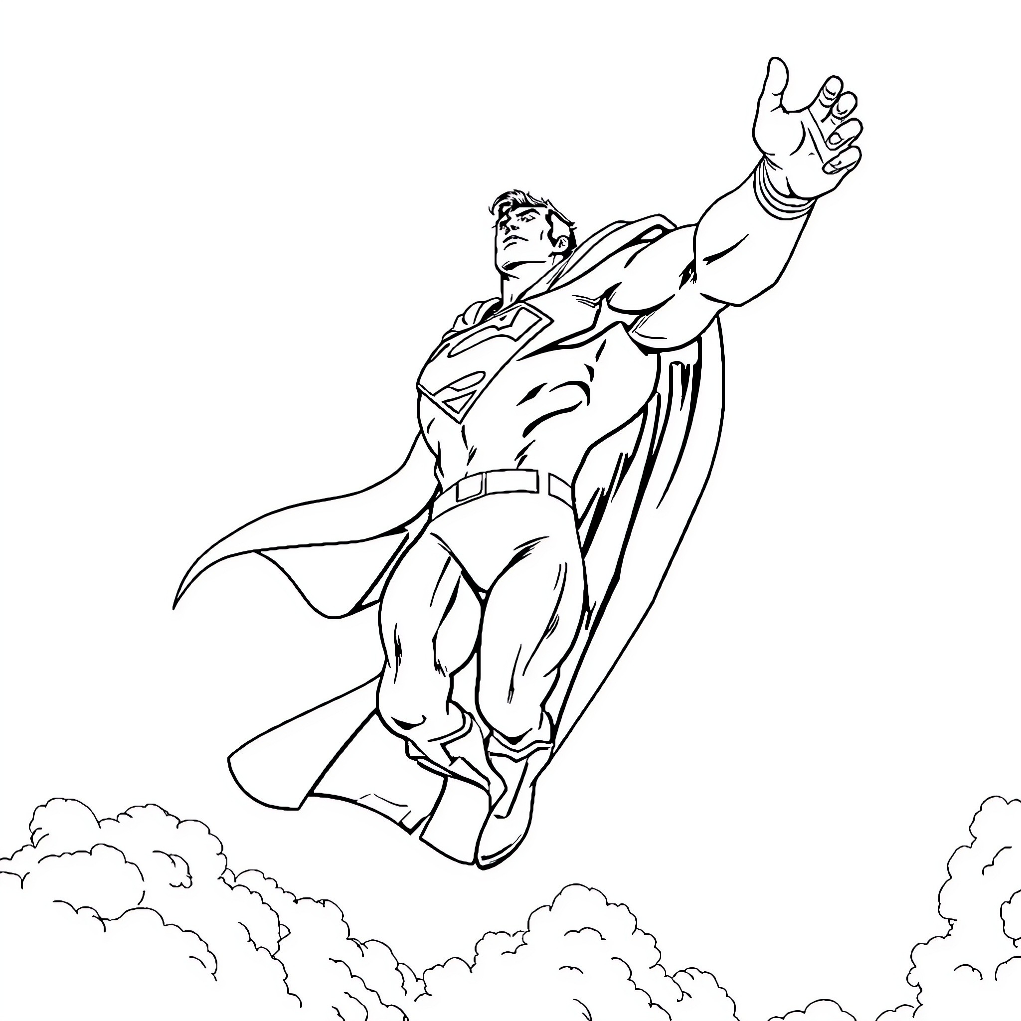 Superman flying heroically through the sky Coloring Page (free black-and-white line drawing printable PDF for all, from beginners to advanced learners, including children, teens, adults, and seniors)