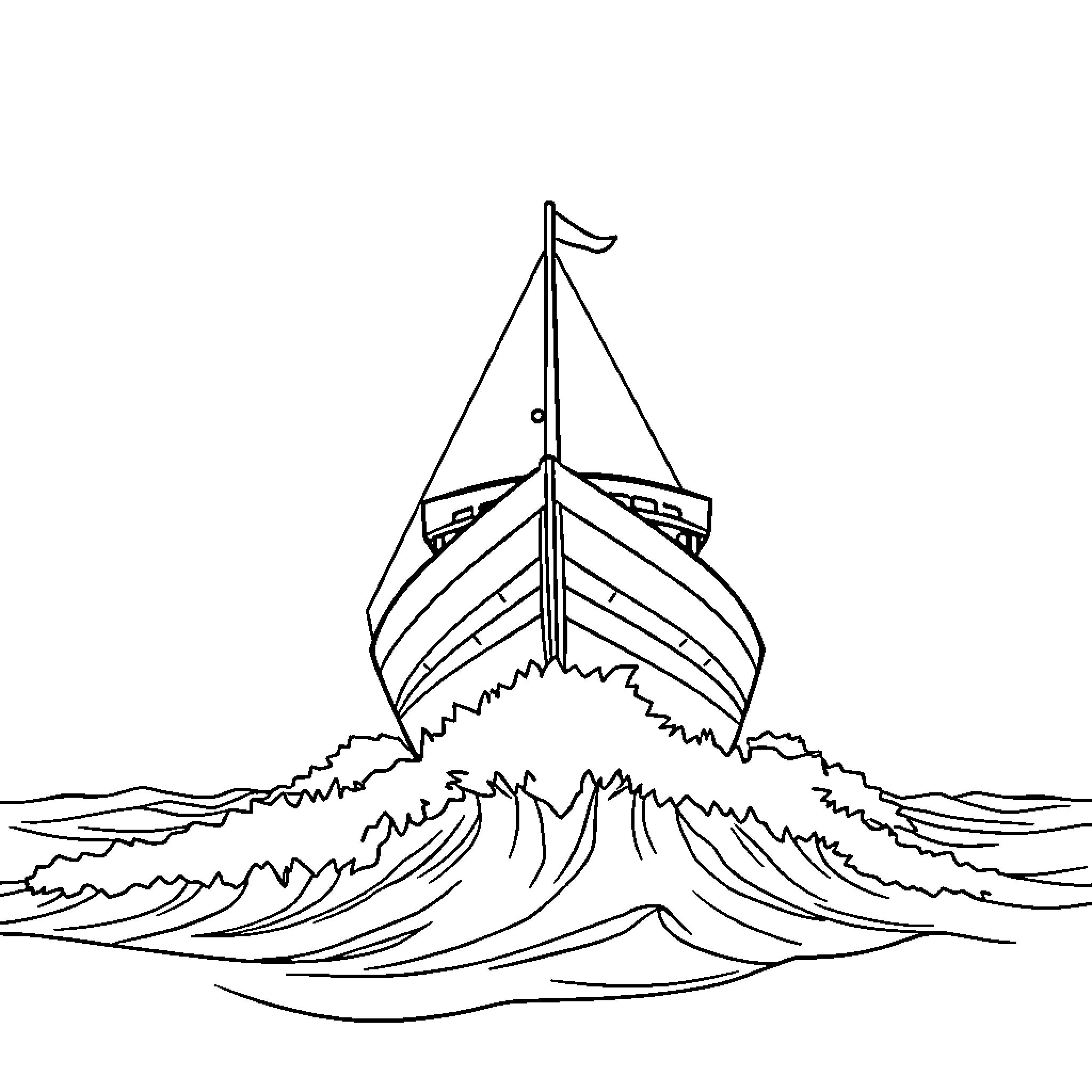 Ship sailing on rough waves in the ocean Coloring Page (free black-and-white line drawing printable PDF for all, from beginners to advanced learners, including children, teens, adults, and seniors)