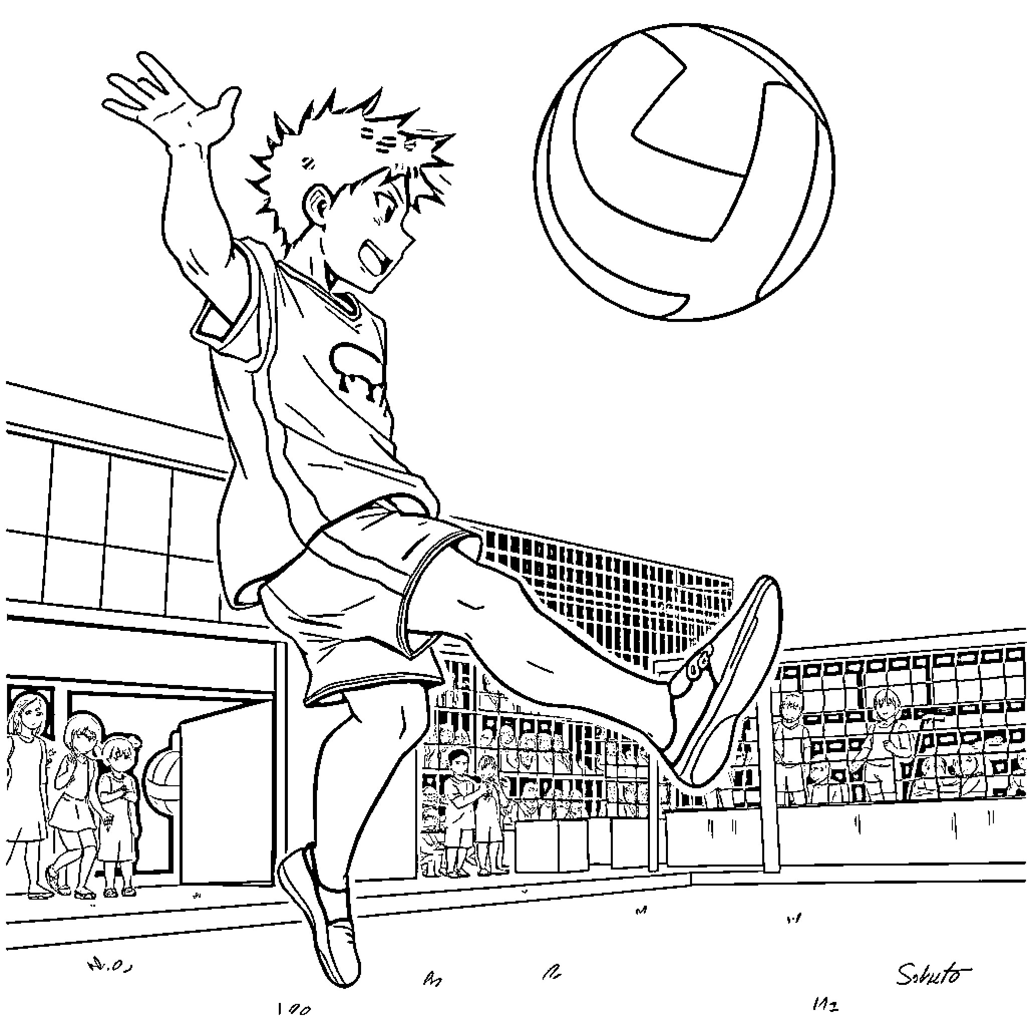 Bokuto's Energetic Volleyball Performance Coloring Page (free black-and-white line drawing printable PDF for all, from beginners to advanced learners, including children, teens, adults, and seniors)