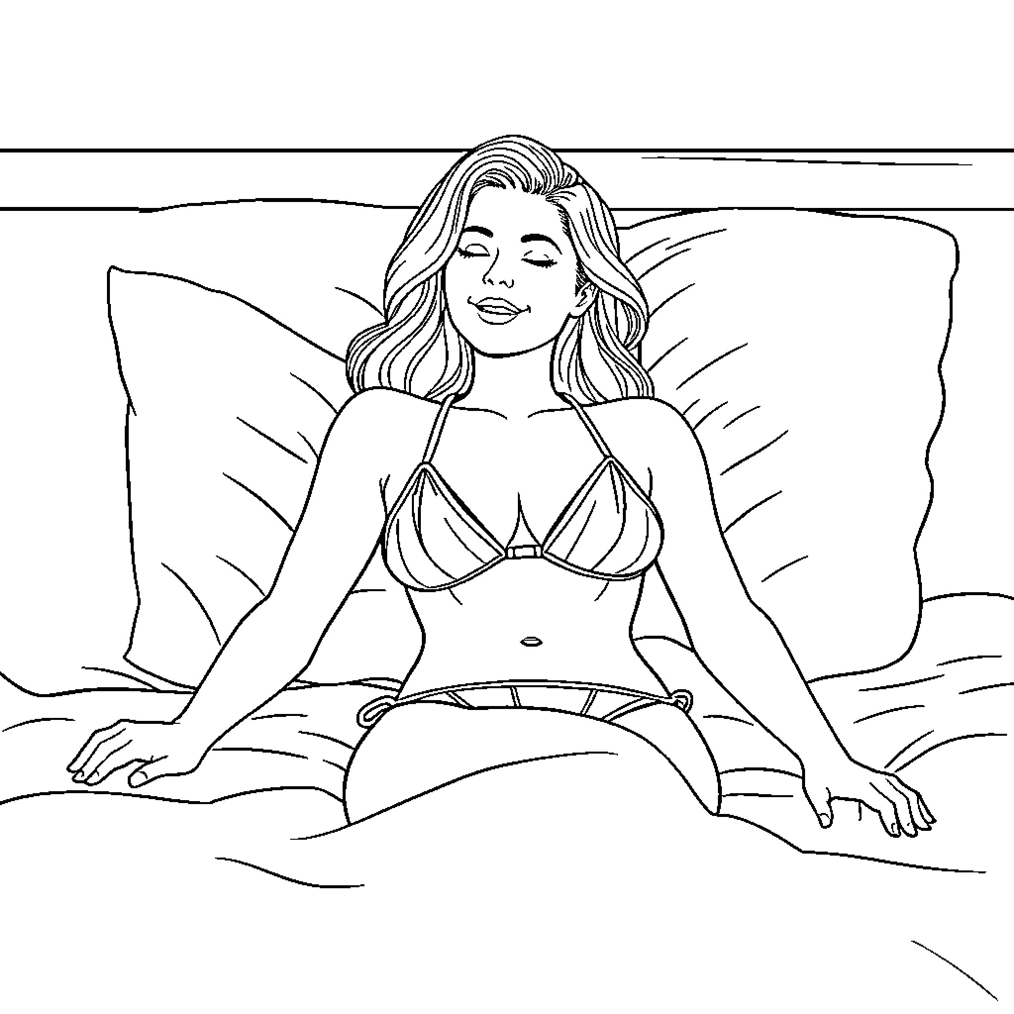 Woman relaxing on the beach in a bikini Coloring Page (free black-and-white line drawing printable PDF for all, from beginners to advanced learners, including children, teens, adults, and seniors)