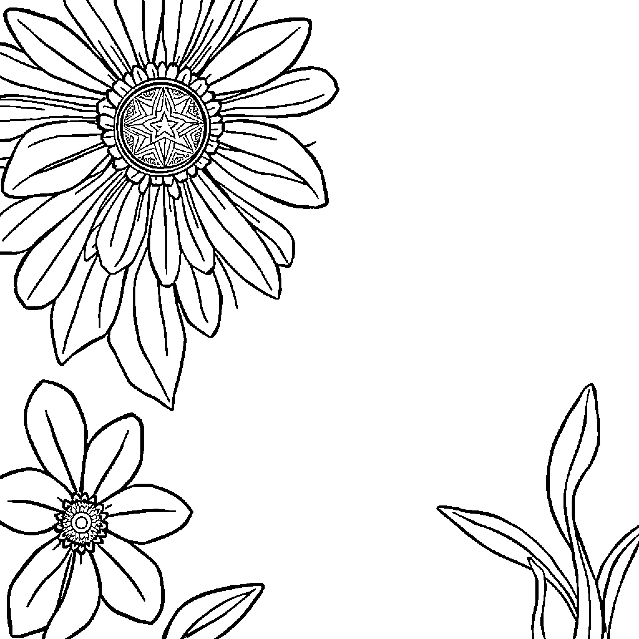 Blue Floral Illustration with Intricate Details Coloring Page (free black-and-white line drawing printable PDF for all, from beginners to advanced learners, including children, teens, adults, and seniors)