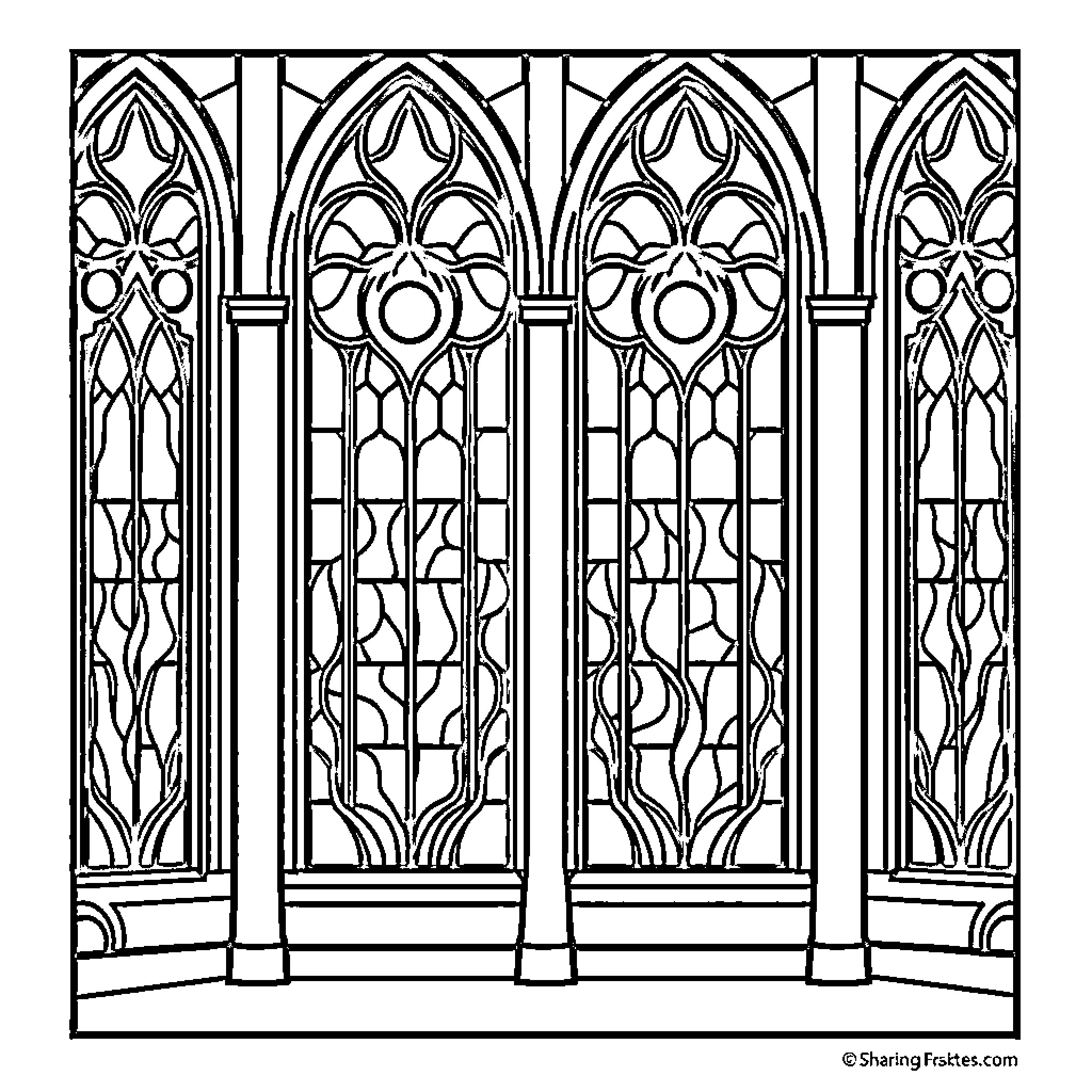 Stained Glass Window with Ornate Architectural Details Coloring Page (free black-and-white line drawing printable PDF for all, from beginners to advanced learners, including children, teens, adults, and seniors)