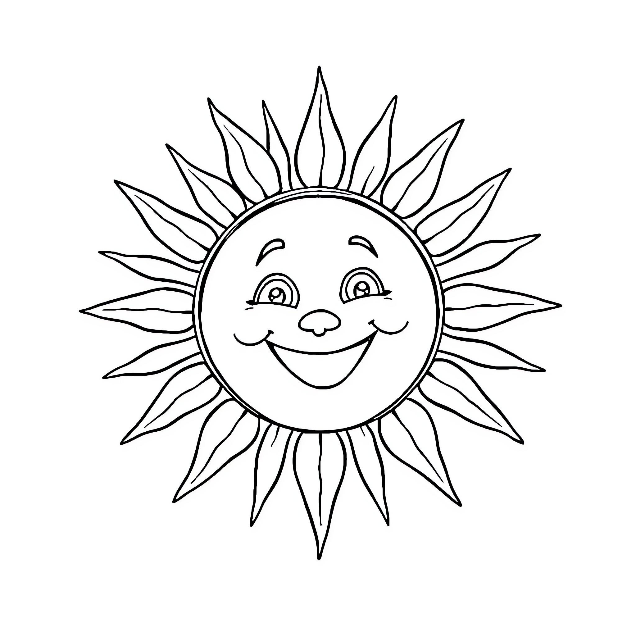 Sun shining with a cheerful expression Coloring Page (free black-and-white line drawing printable PDF for all, from beginners to advanced learners, including children, teens, adults, and seniors)