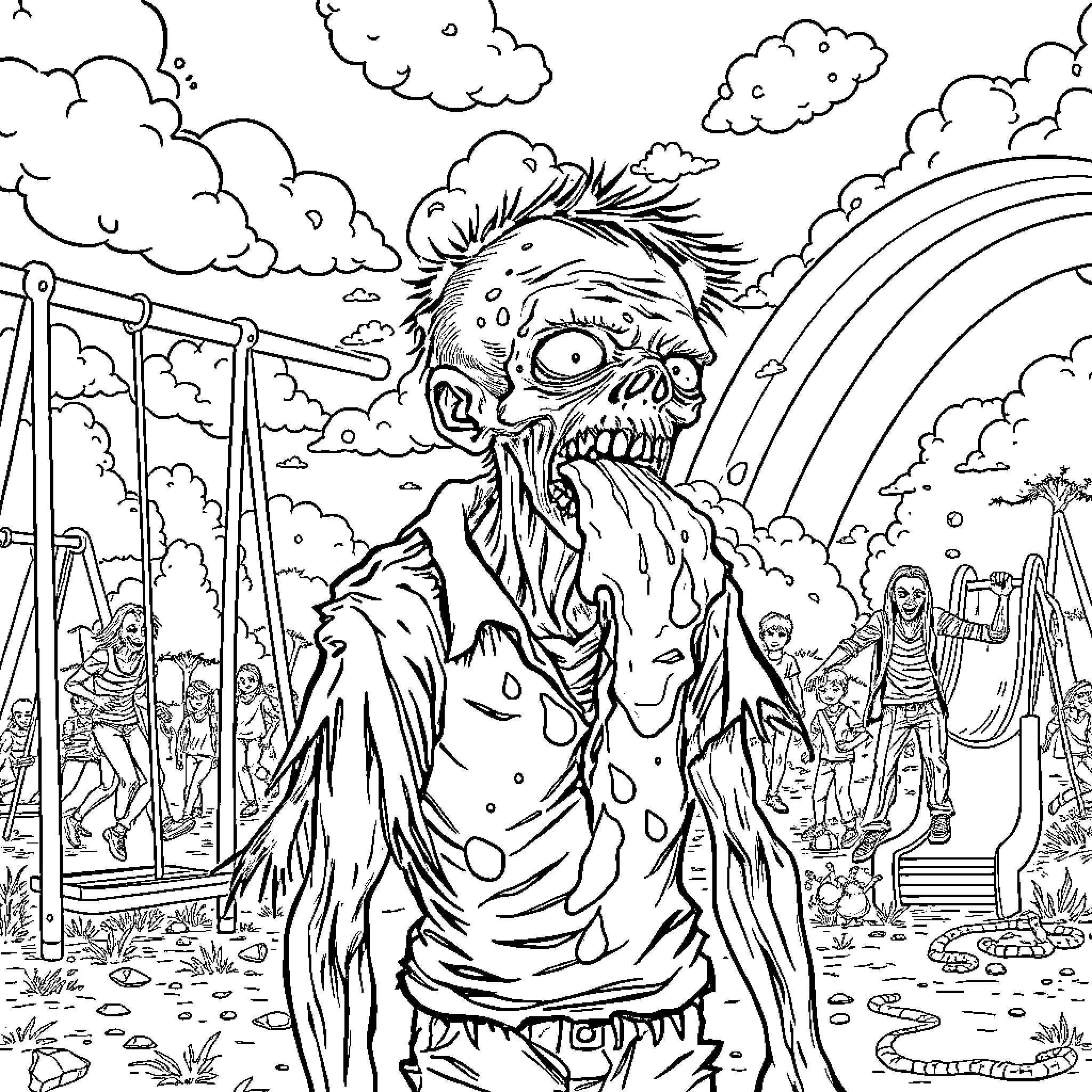 Zombie Hordes Overrunning the Carnival Grounds Coloring Page (free black-and-white line drawing printable PDF for all, from beginners to advanced learners, including children, teens, adults, and seniors)