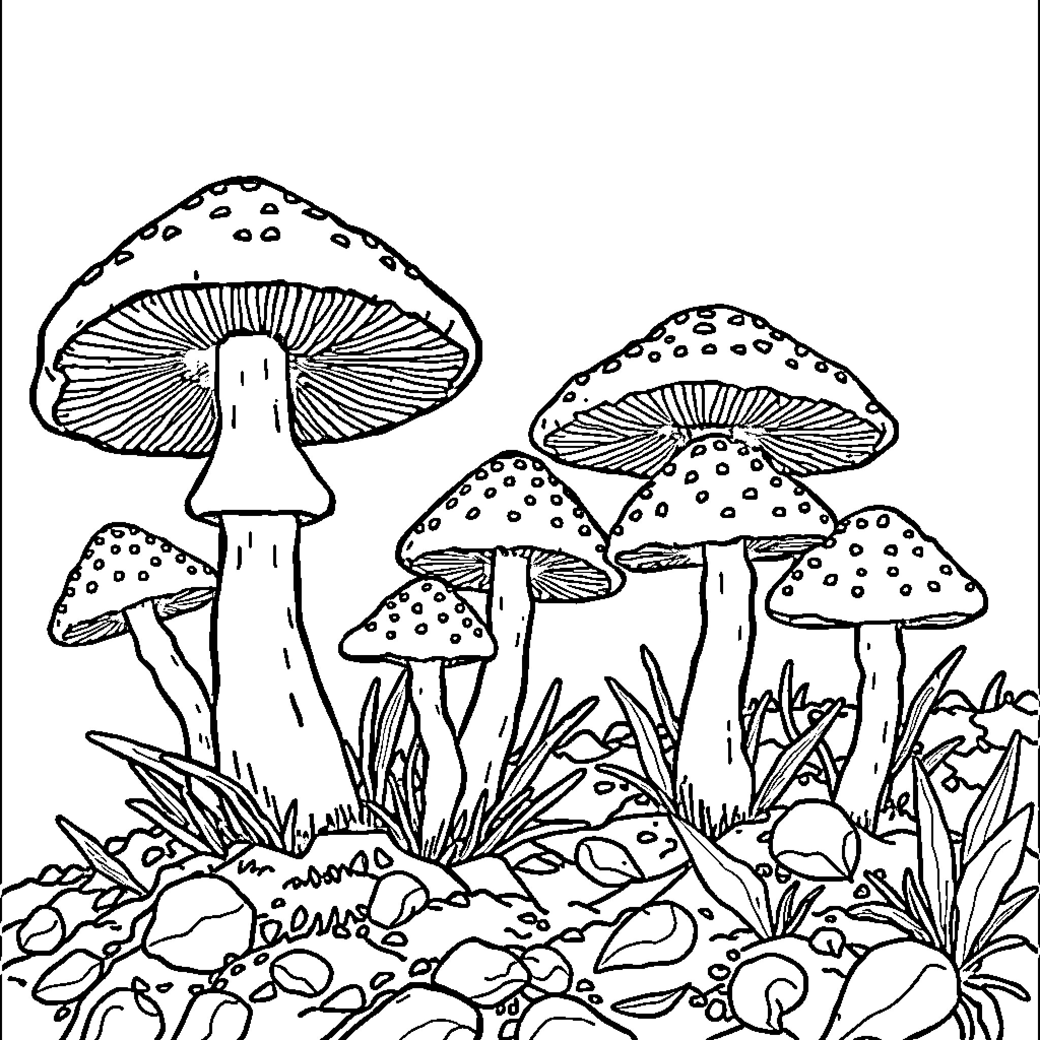 Mushroom Wonderland: Magical Fungi in the Undergrowth Coloring Page (free black-and-white line drawing printable PDF for all, from beginners to advanced learners, including children, teens, adults, and seniors)