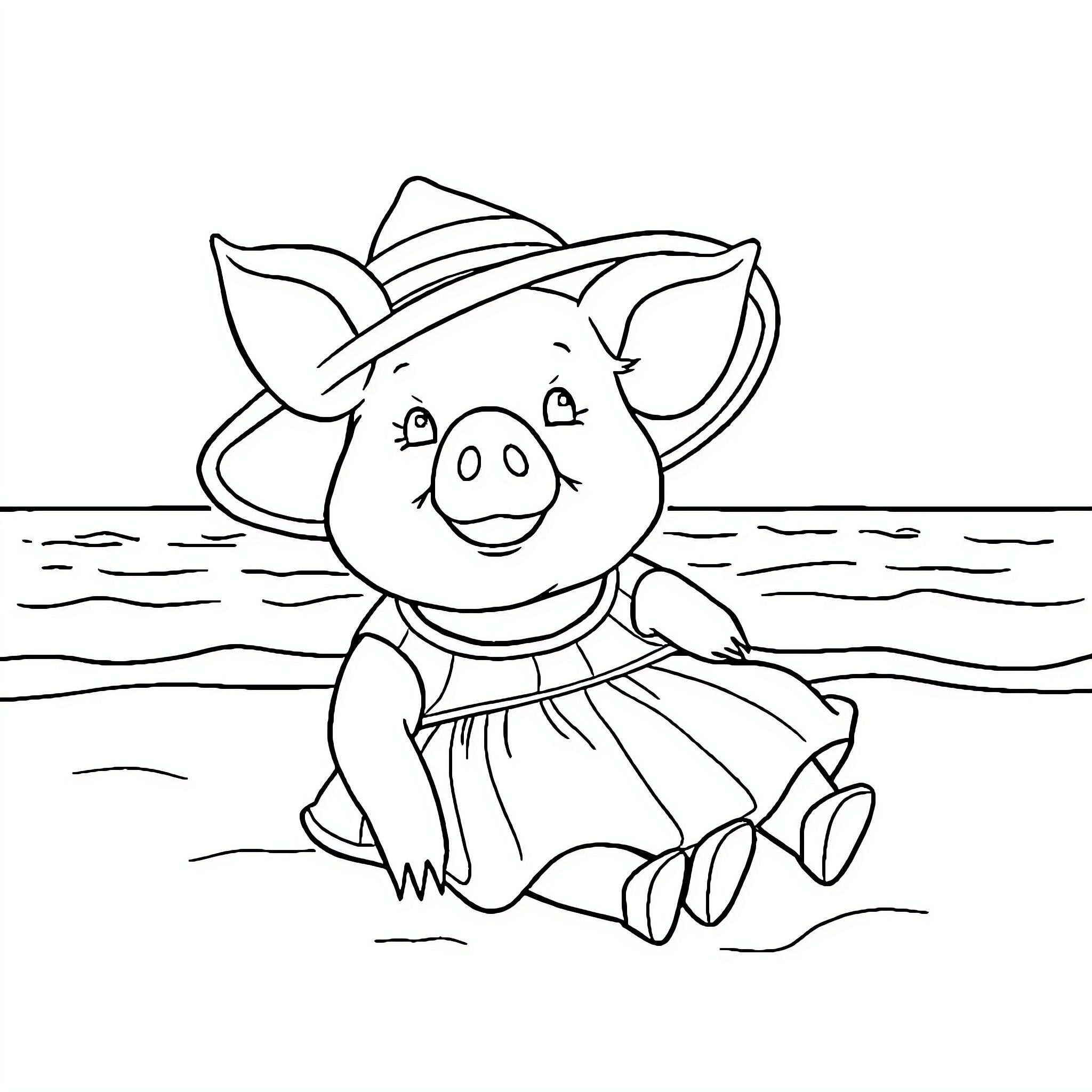 Pig happily playing in the water Coloring Page (free black-and-white line drawing printable PDF for all, from beginners to advanced learners, including children, teens, adults, and seniors)