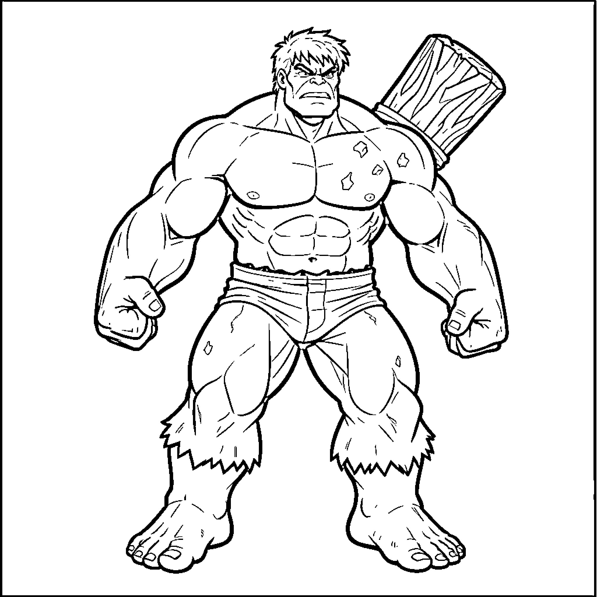 Hulk standing powerfully with a fierce expression Coloring Page (free black-and-white line drawing printable PDF for all, from beginners to advanced learners, including children, teens, adults, and seniors)