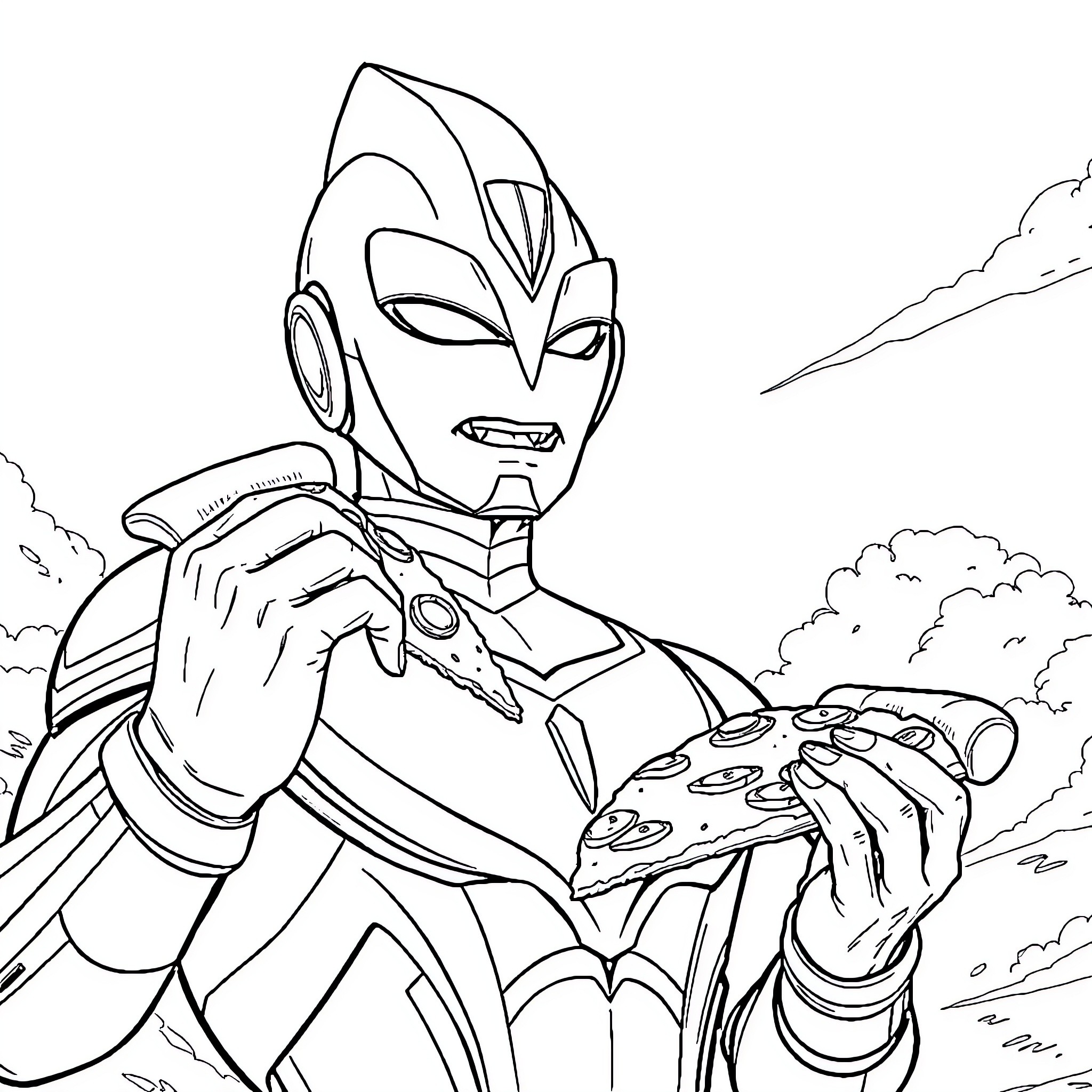 Ultraman hero in action pose fighting Coloring Page (free black-and-white line drawing printable PDF for all, from beginners to advanced learners, including children, teens, adults, and seniors)