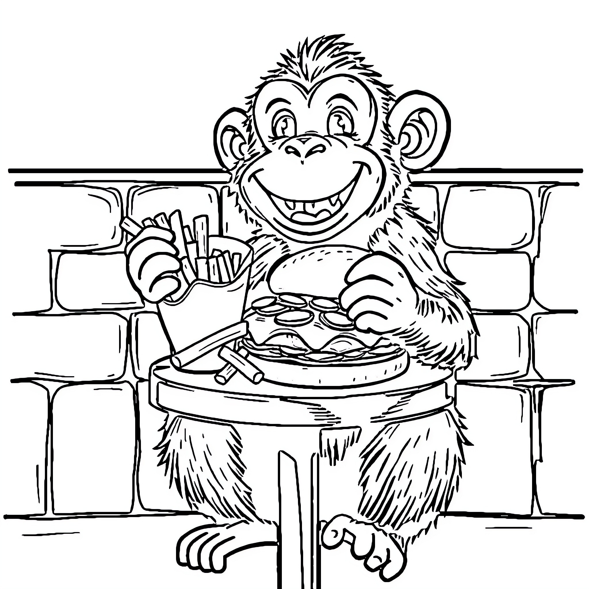Monkey enjoying a tasty burger in a cozy kitchen Coloring Page (free black-and-white line drawing printable PDF for all, from beginners to advanced learners, including children, teens, adults, and seniors)