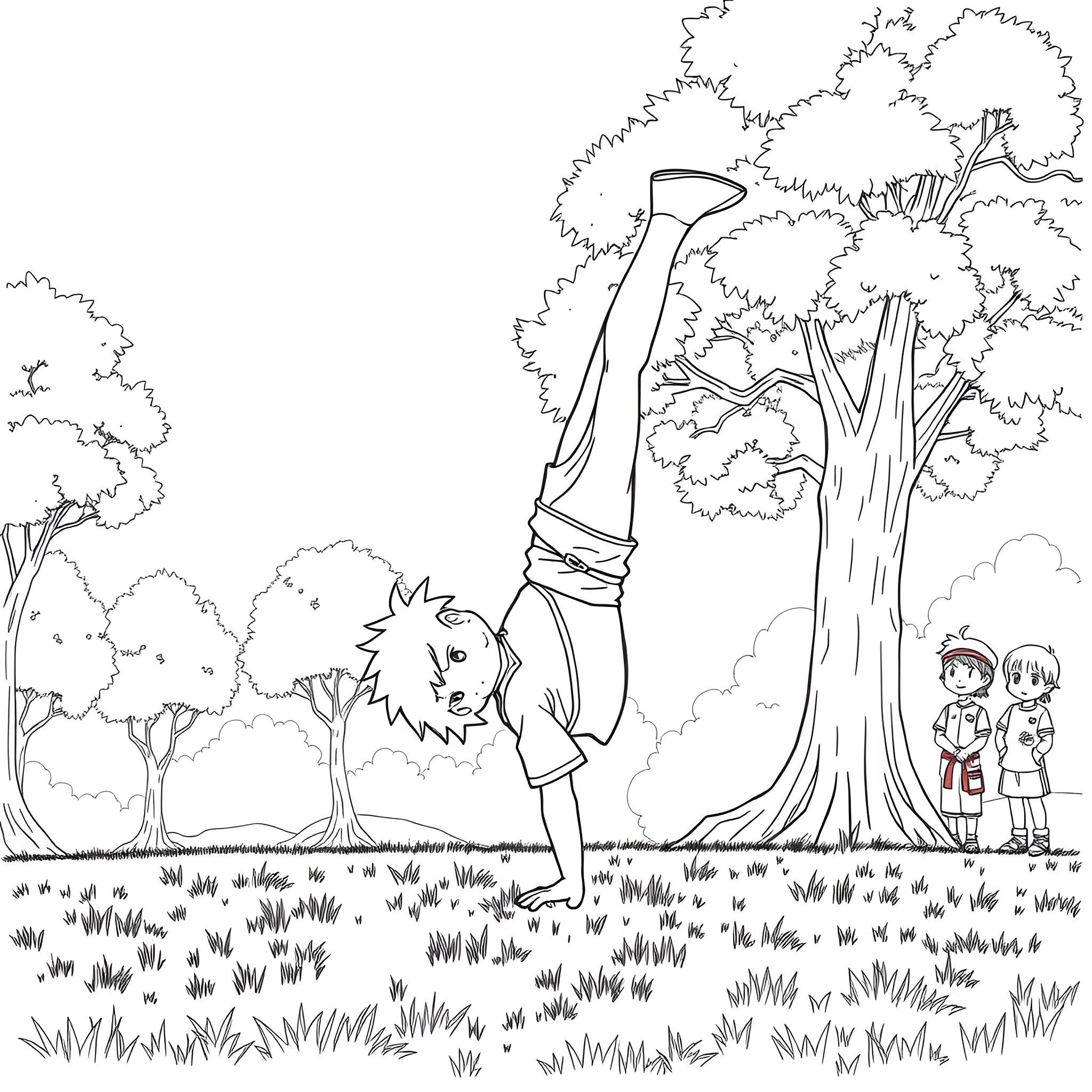 Deku's acrobatic display amidst nature's embrace Coloring Page (free black-and-white line drawing printable PDF for all, from beginners to advanced learners, including children, teens, adults, and seniors)
