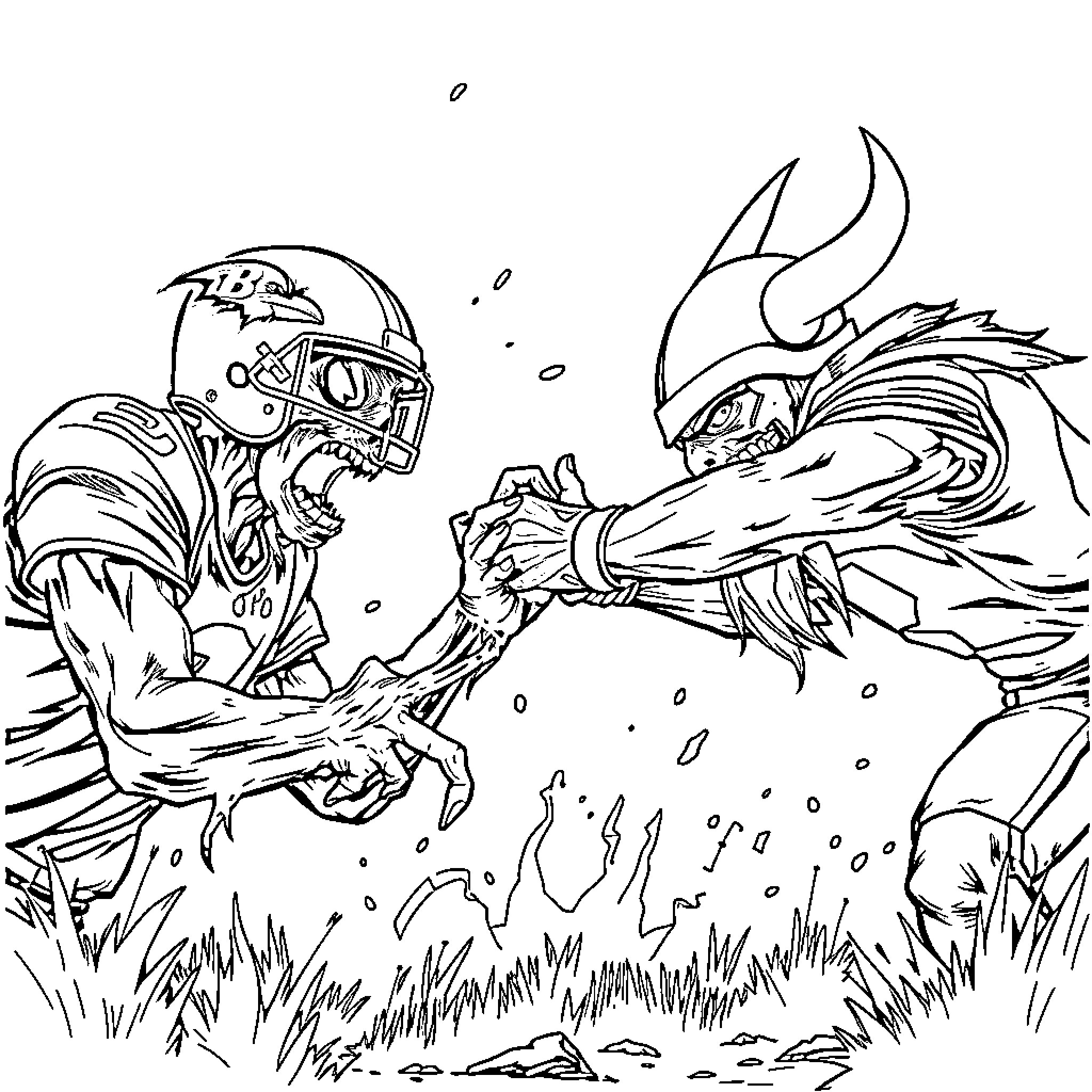 Zombie football player battles monstrous creature Coloring Page (free black-and-white line drawing printable PDF for all, from beginners to advanced learners, including children, teens, adults, and seniors)