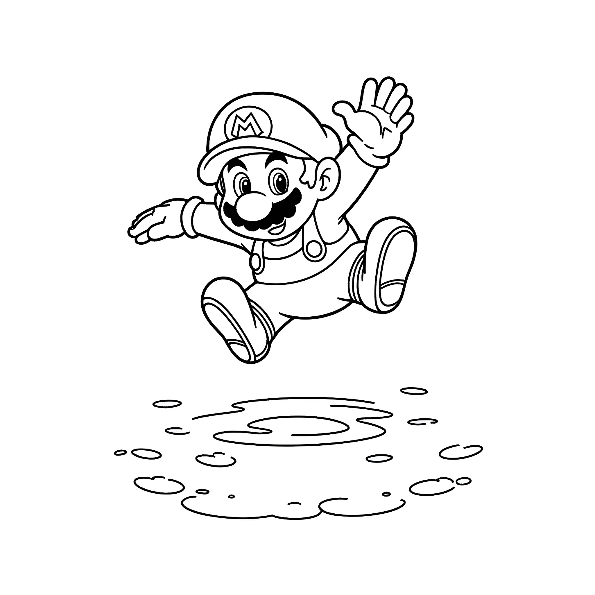Mario jumping joyfully in the air Coloring Page (free black-and-white line drawing printable PDF for all, from beginners to advanced learners, including children, teens, adults, and seniors)