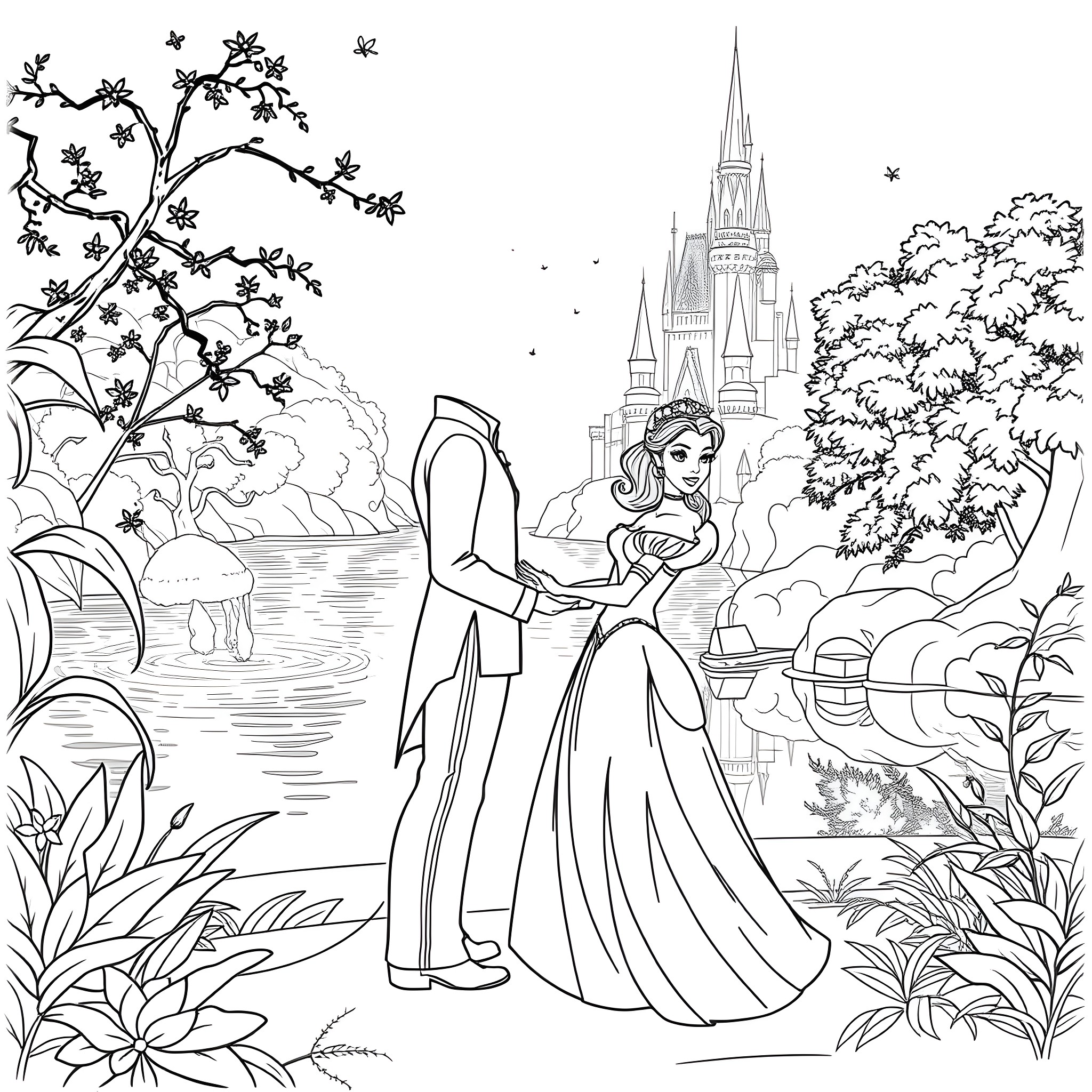 Tiana dancing with her prince in a magical garden Coloring Page (free black-and-white line drawing printable PDF for all, from beginners to advanced learners, including children, teens, adults, and seniors)