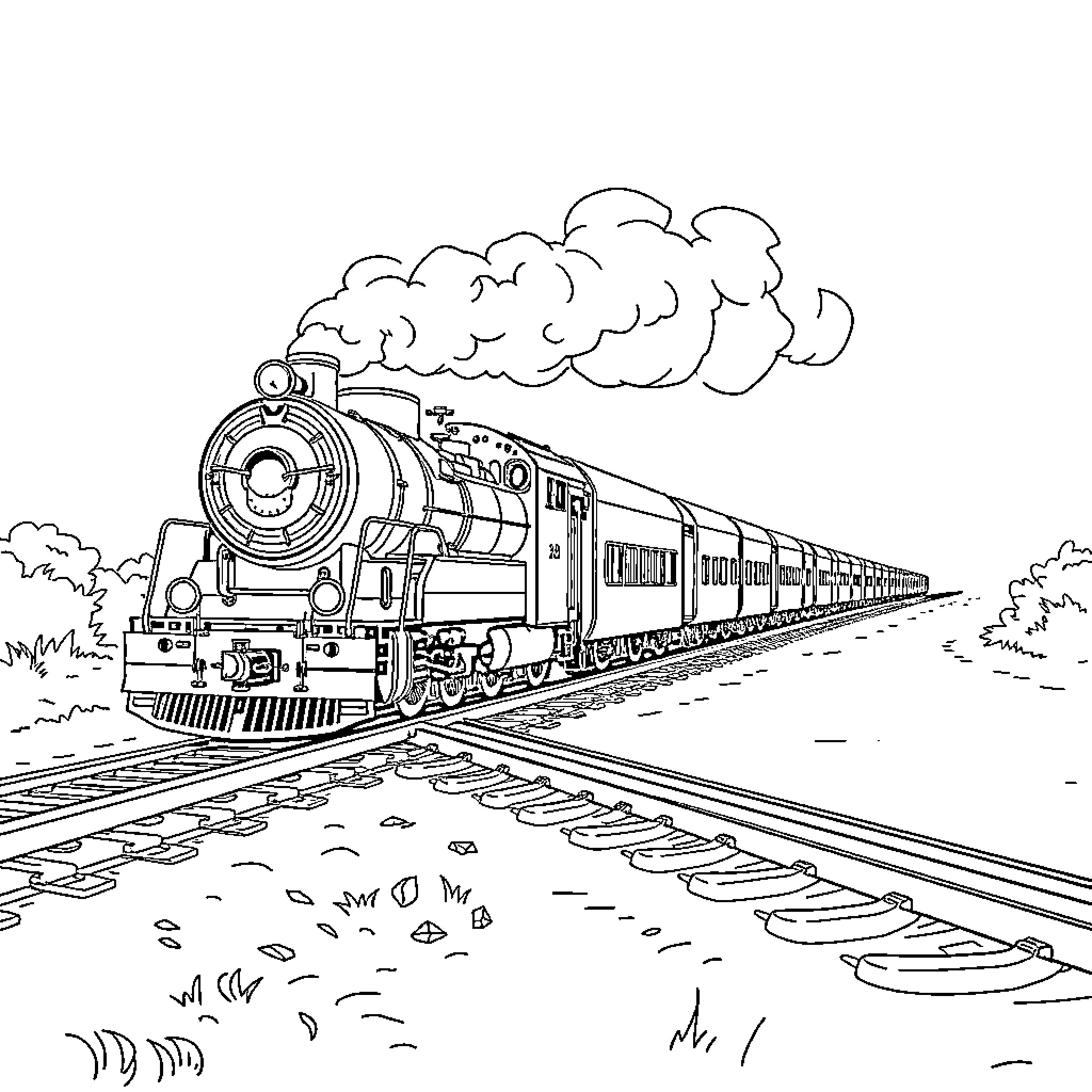 Train Traveling through Scenic Landscape Coloring Page (free black-and-white line drawing printable PDF for all, from beginners to advanced learners, including children, teens, adults, and seniors)
