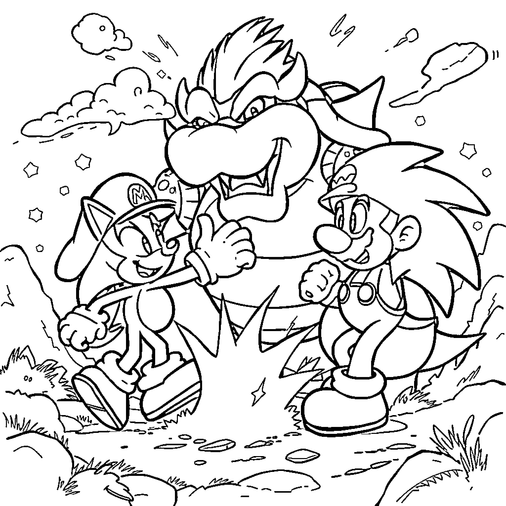Sonic and friends in an action-packed adventure Coloring Page (free black-and-white line drawing printable PDF for all, from beginners to advanced learners, including children, teens, adults, and seniors)