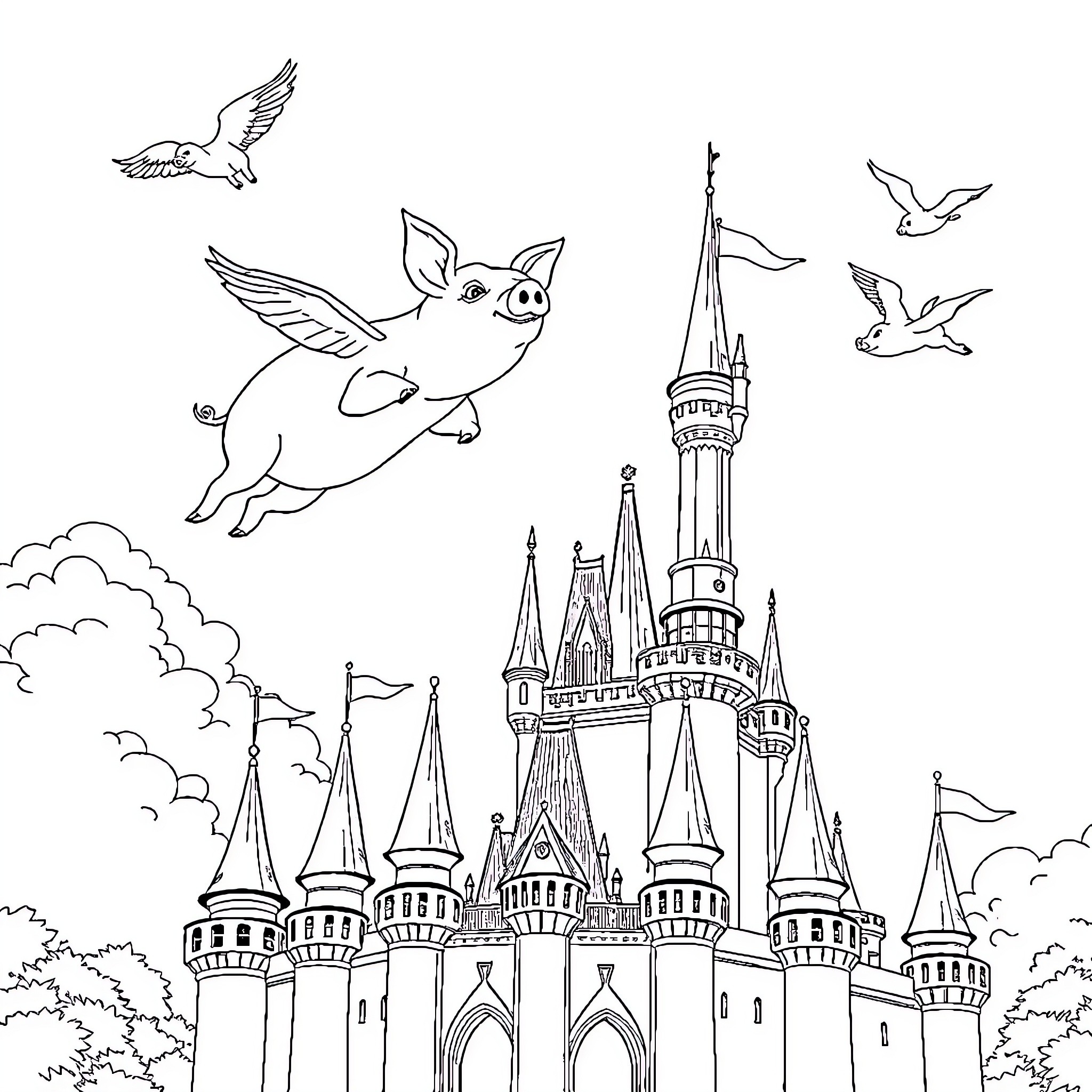 Pig flying over a fairy tale castle Coloring Page (free black-and-white line drawing printable PDF for all, from beginners to advanced learners, including children, teens, adults, and seniors)
