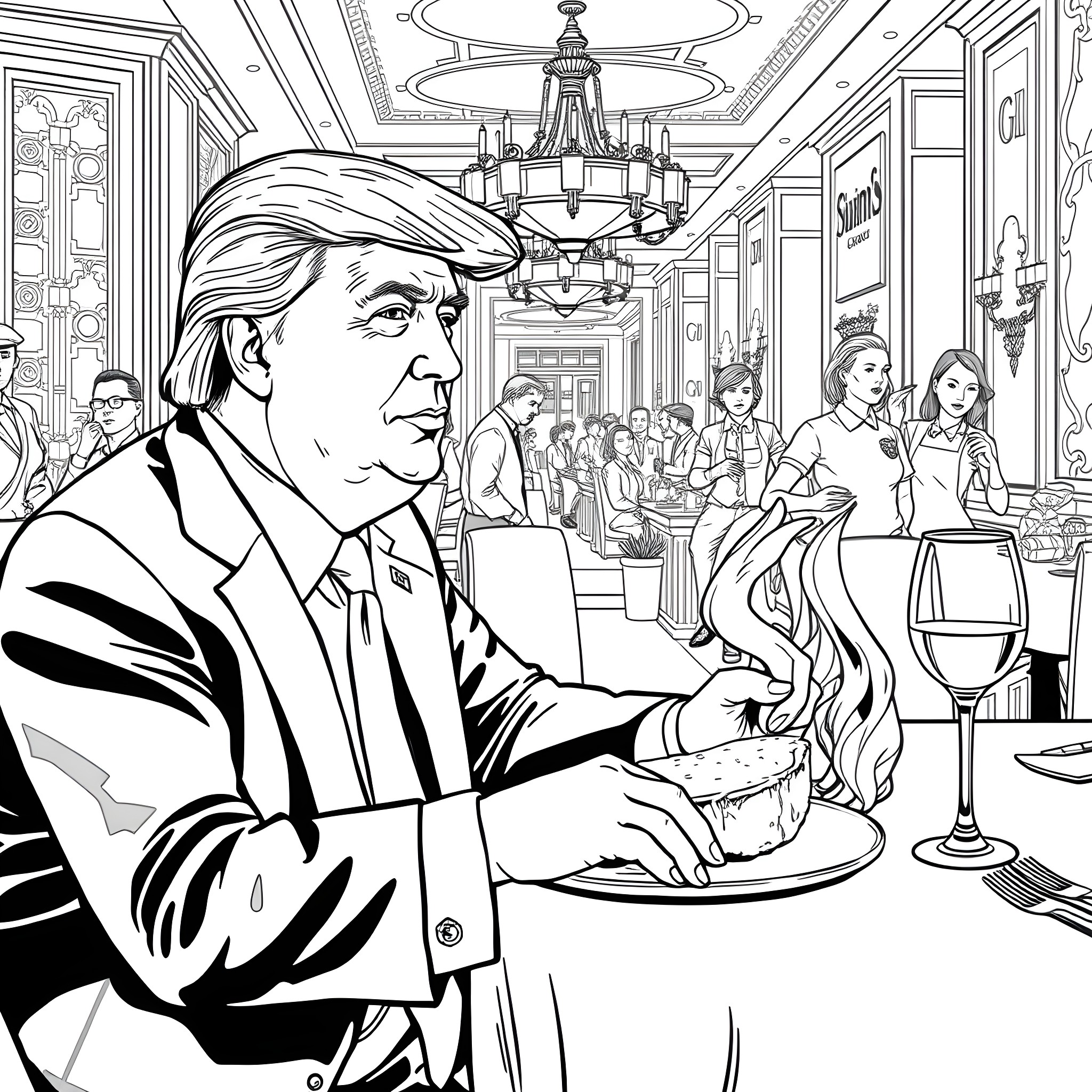 Donald Trump dining in an elegant restaurant Coloring Page (free black-and-white line drawing printable PDF for all, from beginners to advanced learners, including children, teens, adults, and seniors)