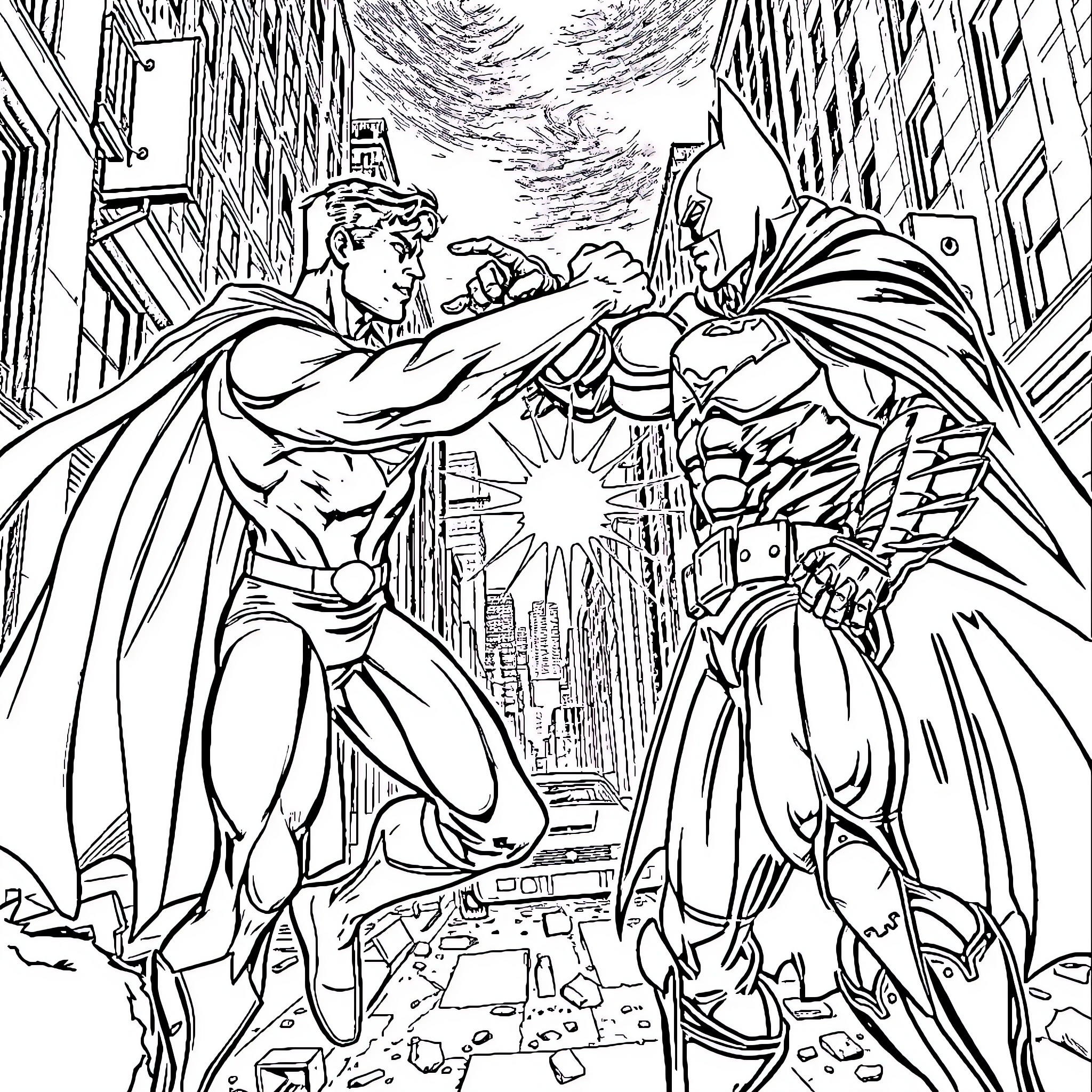 Superman and Batman Clash in the City Coloring Page (free black-and-white line drawing printable PDF for all, from beginners to advanced learners, including children, teens, adults, and seniors)