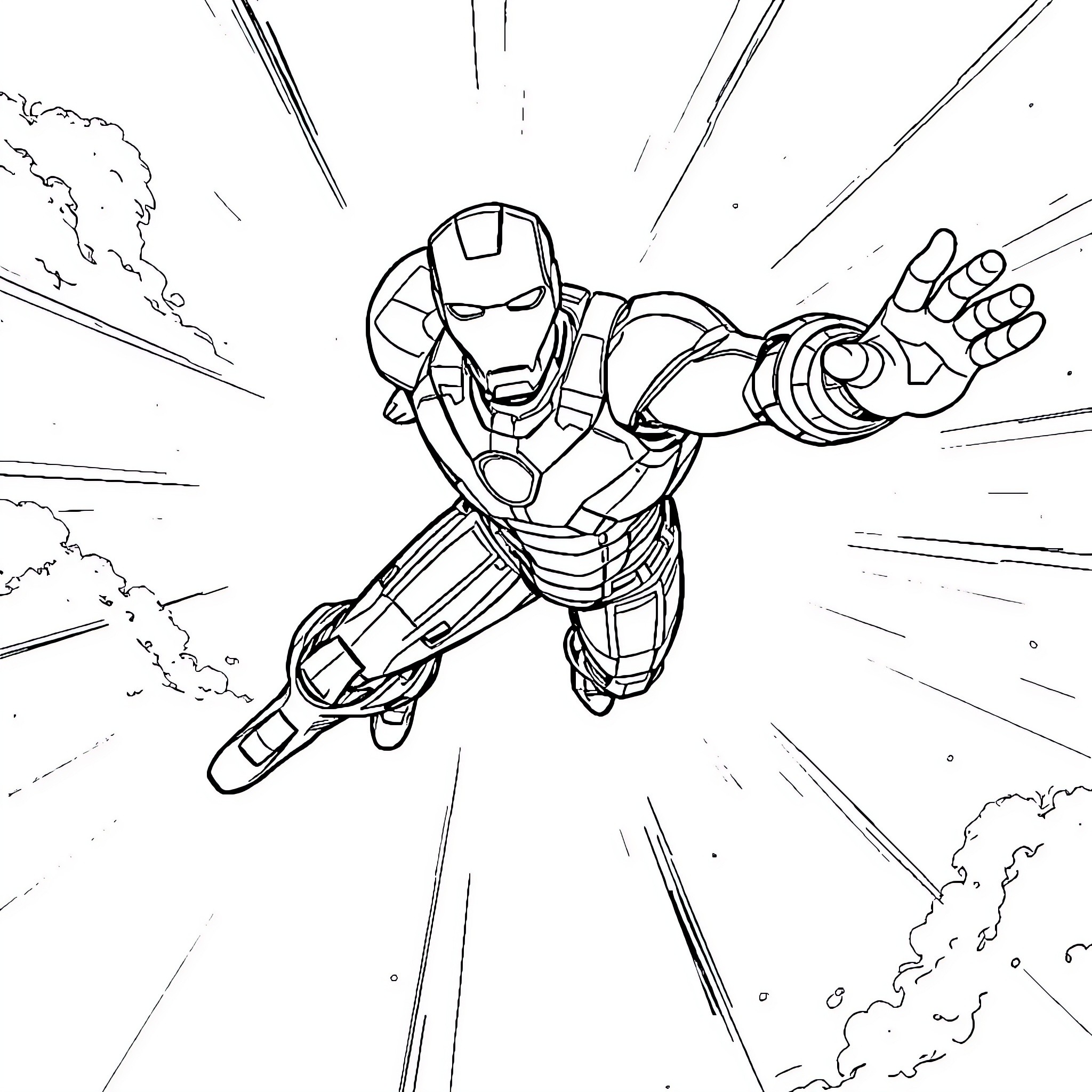 Ironman soaring through the sky in action Coloring Page (free black-and-white line drawing printable PDF for all, from beginners to advanced learners, including children, teens, adults, and seniors)