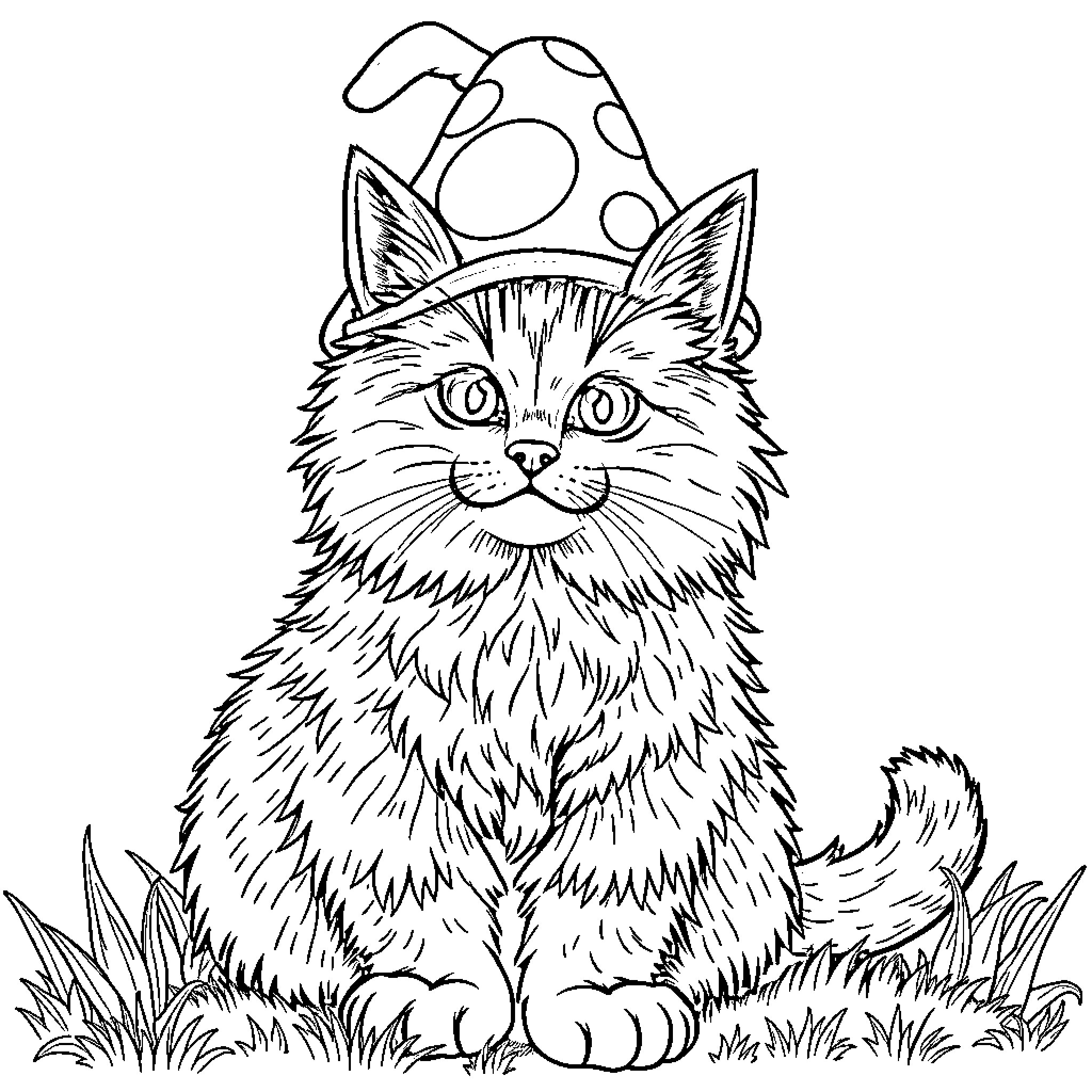 Cat wearing a spotted hat in the grass Coloring Page (free black-and-white line drawing printable PDF for all, from beginners to advanced learners, including children, teens, adults, and seniors)