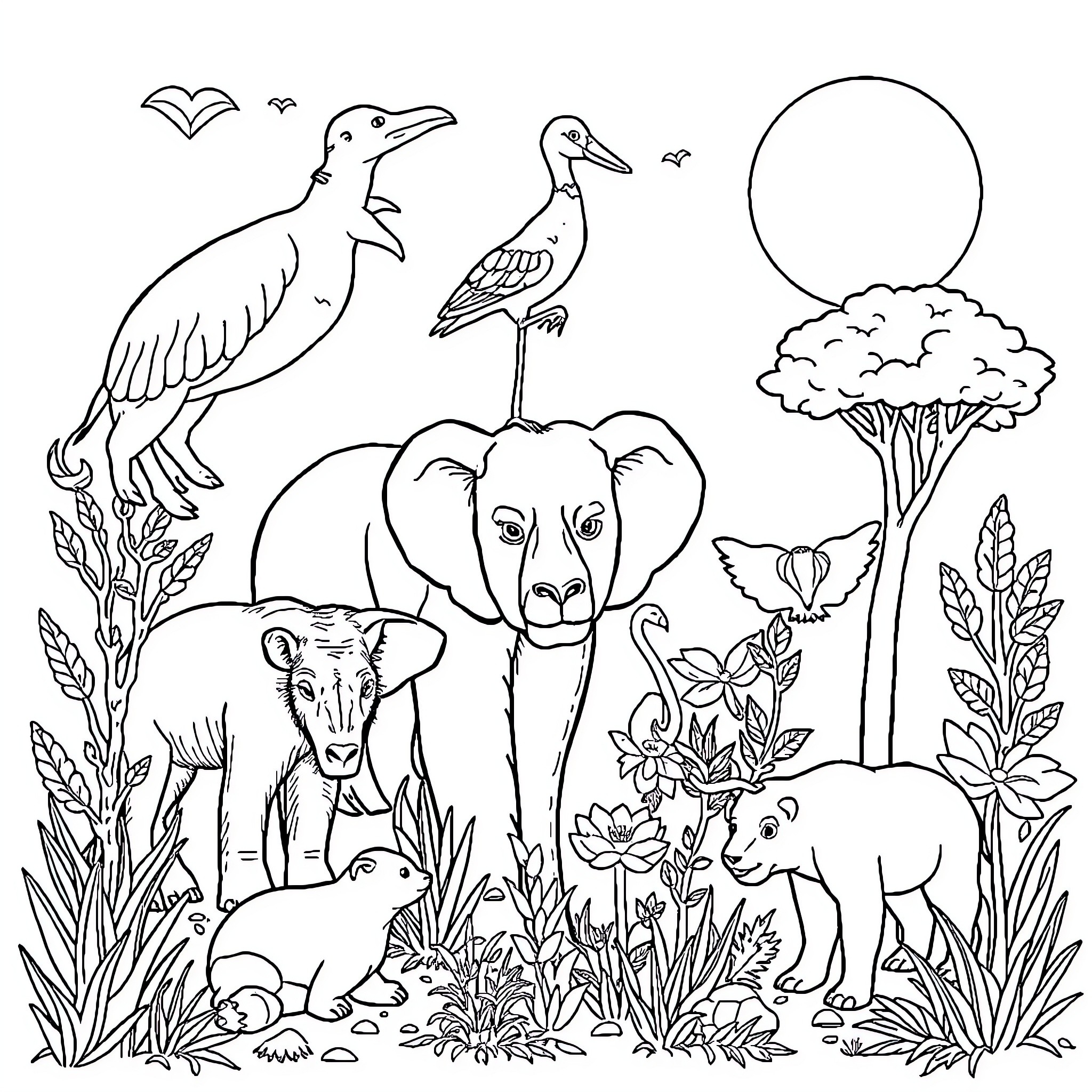 Animal friends in a lush natural scene Coloring Page (free black-and-white line drawing printable PDF for all, from beginners to advanced learners, including children, teens, adults, and seniors)
