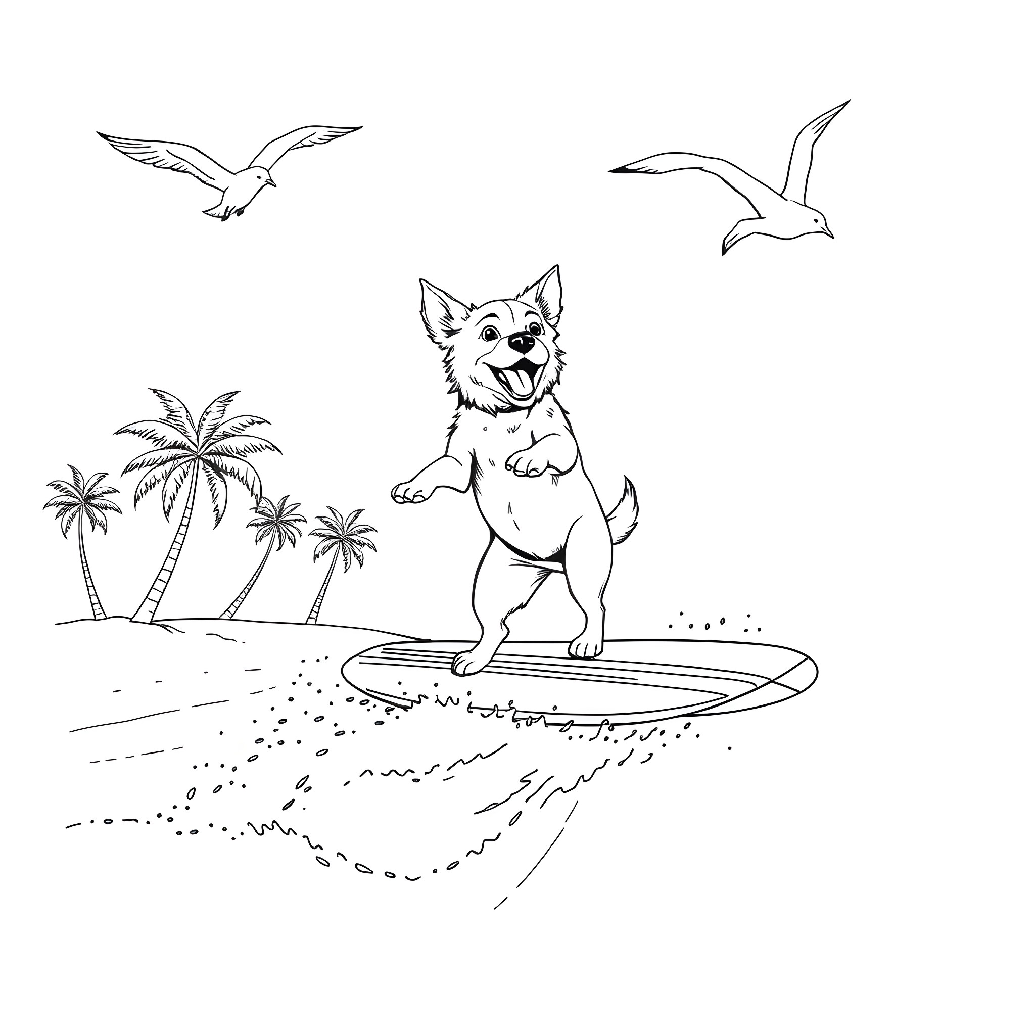 Dog surfing happily on the beach Coloring Page (free black-and-white line drawing printable PDF for all, from beginners to advanced learners, including children, teens, adults, and seniors)