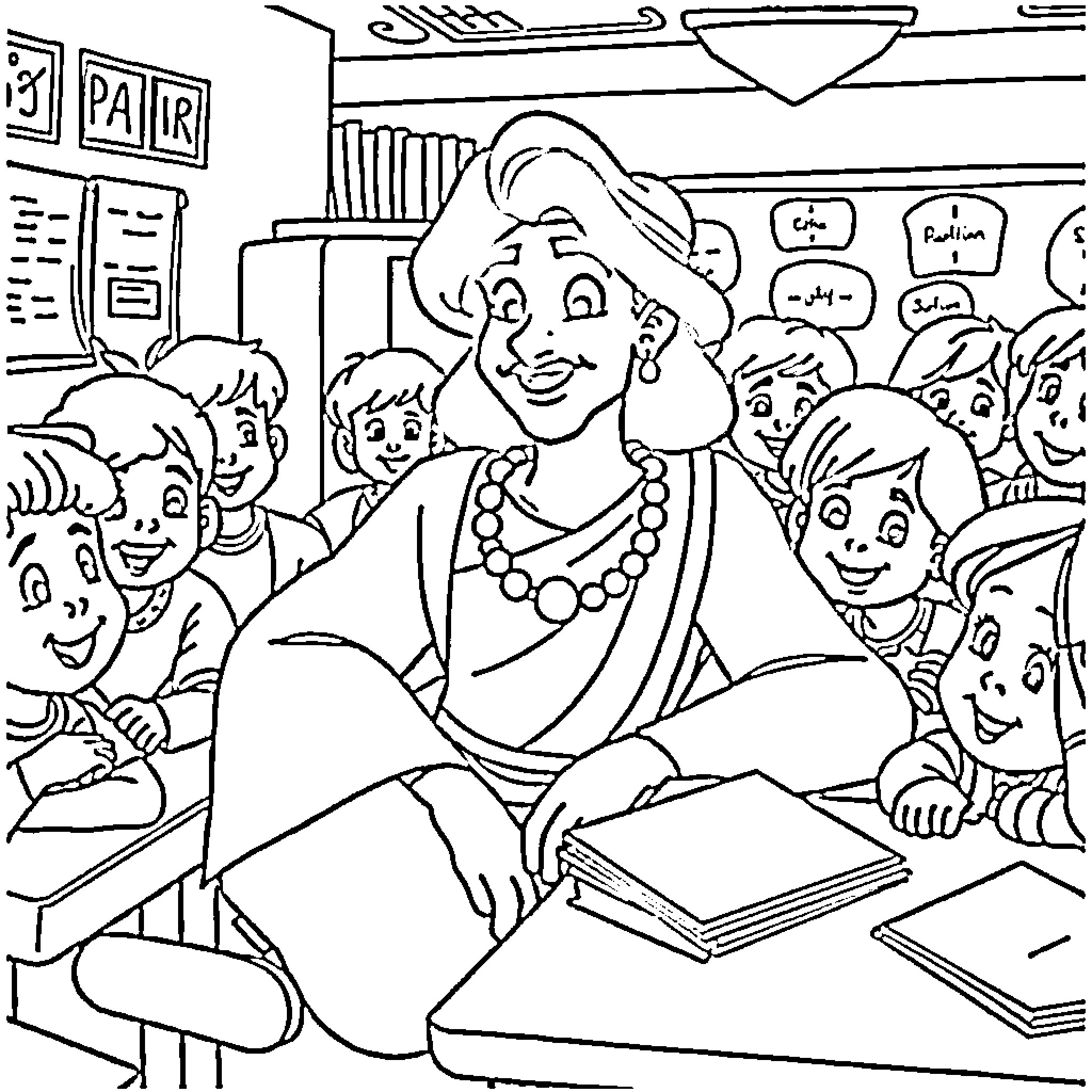 Aladdin's Magical Adventure in the Classroom Coloring Page (free black-and-white line drawing printable PDF for all, from beginners to advanced learners, including children, teens, adults, and seniors)