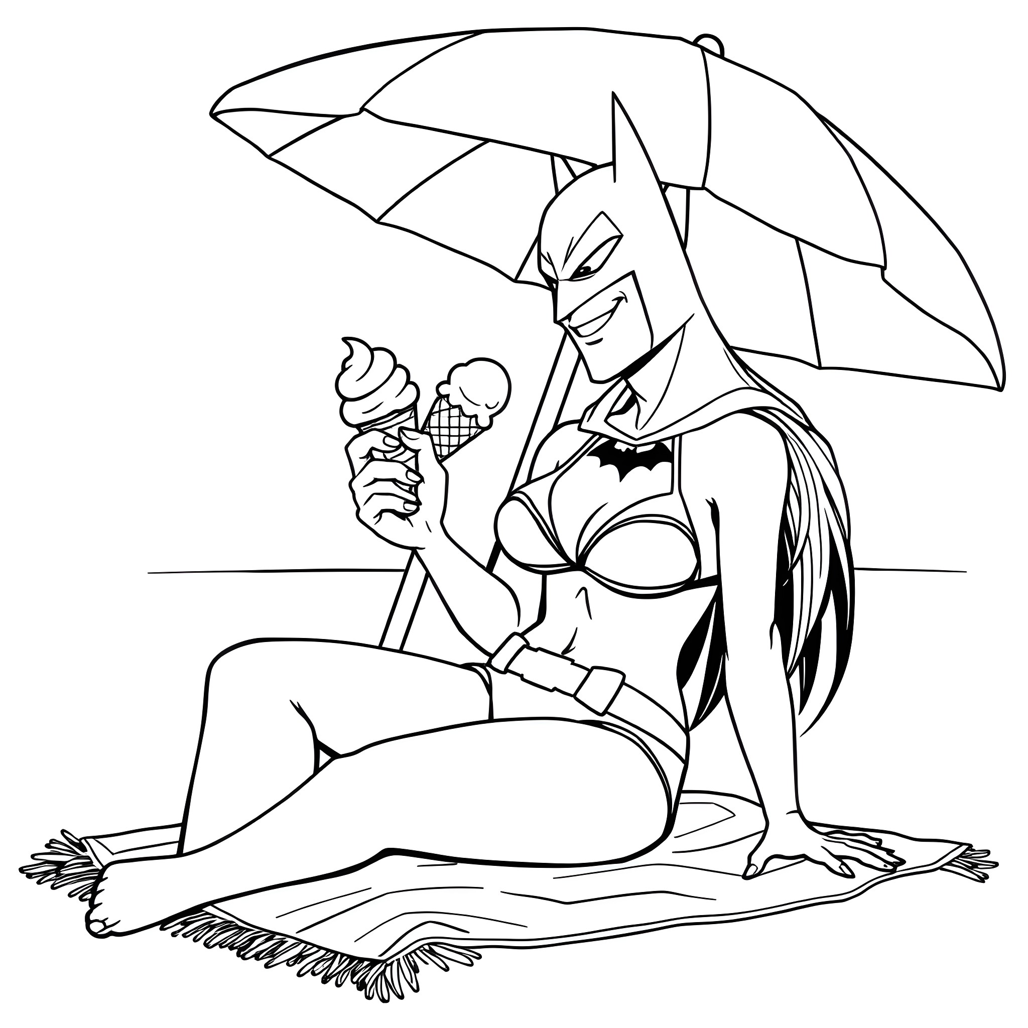 Batman enjoying an ice cream on the beach Coloring Page (free black-and-white line drawing printable PDF for all, from beginners to advanced learners, including children, teens, adults, and seniors)