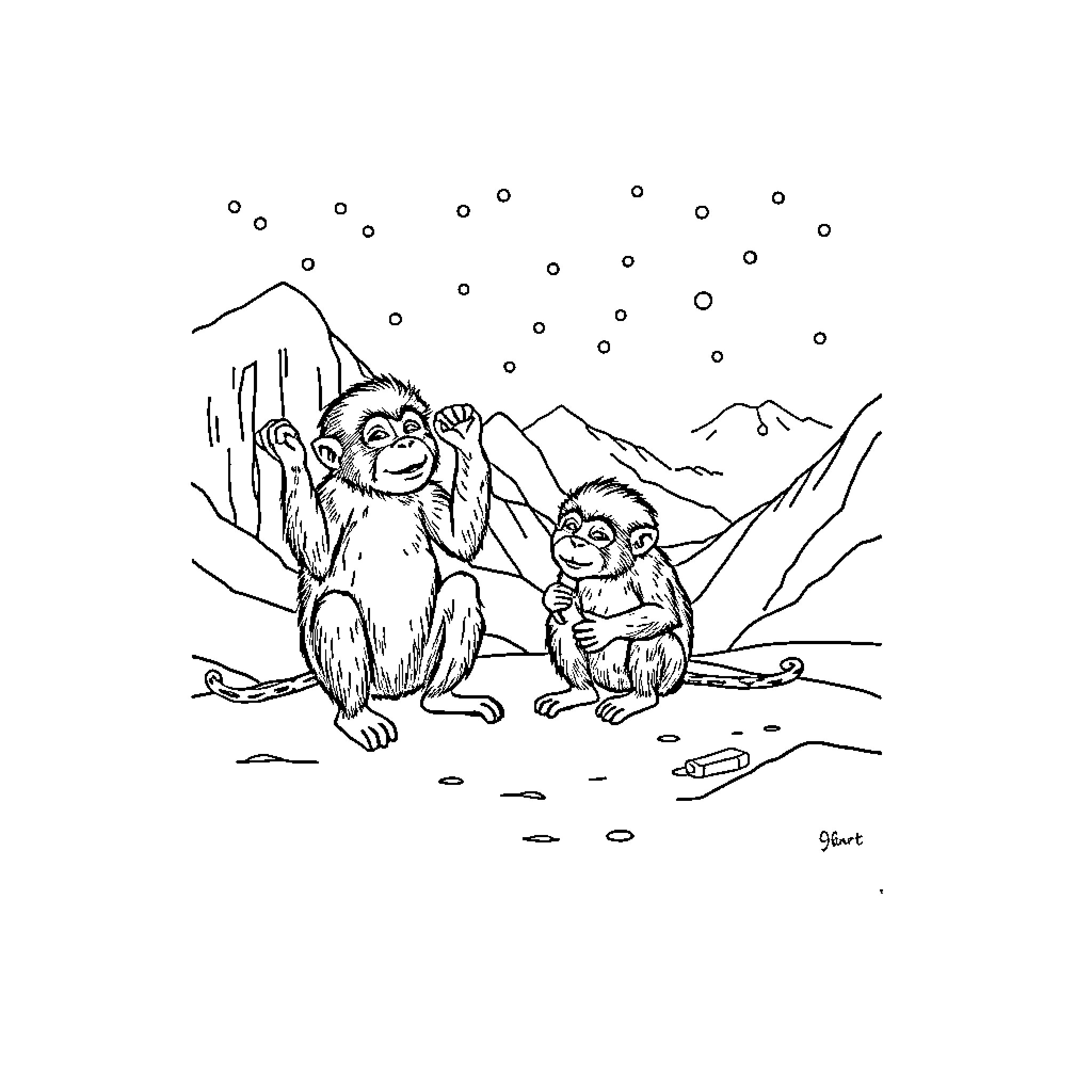 Monkey couple in snowy mountain landscape Coloring Page (free black-and-white line drawing printable PDF for all, from beginners to advanced learners, including children, teens, adults, and seniors)
