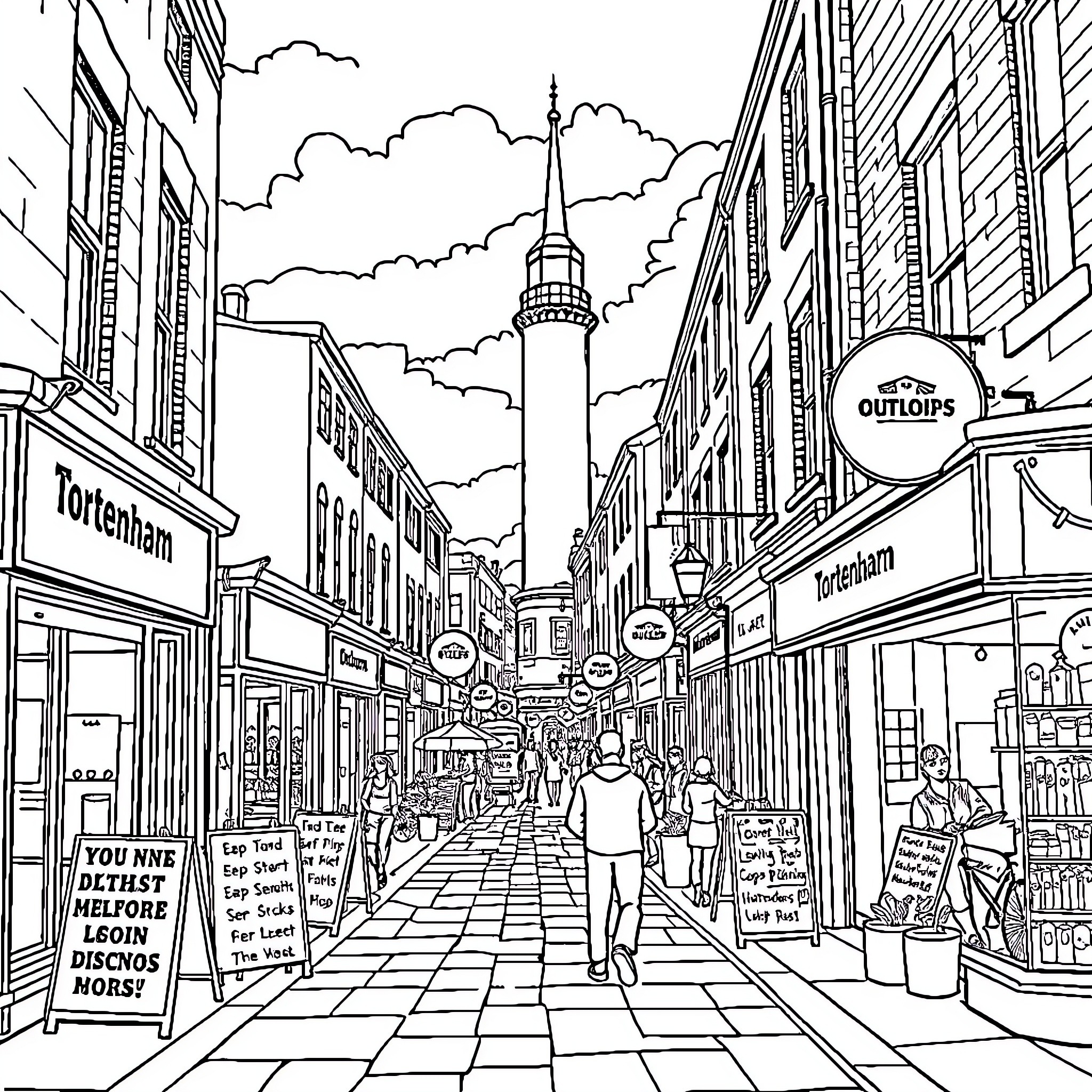 Tottenham street scene with bustling shops and a towering landmark Coloring Page (free black-and-white line drawing printable PDF for all, from beginners to advanced learners, including children, teens, adults, and seniors)