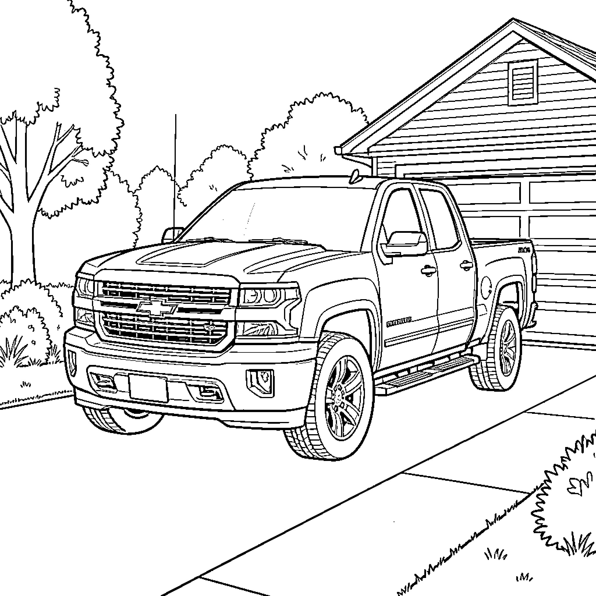 Chevrolet Silverado parked near rustic cabin in woods Coloring Page (free black-and-white line drawing printable PDF for all, from beginners to advanced learners, including children, teens, adults, and seniors)